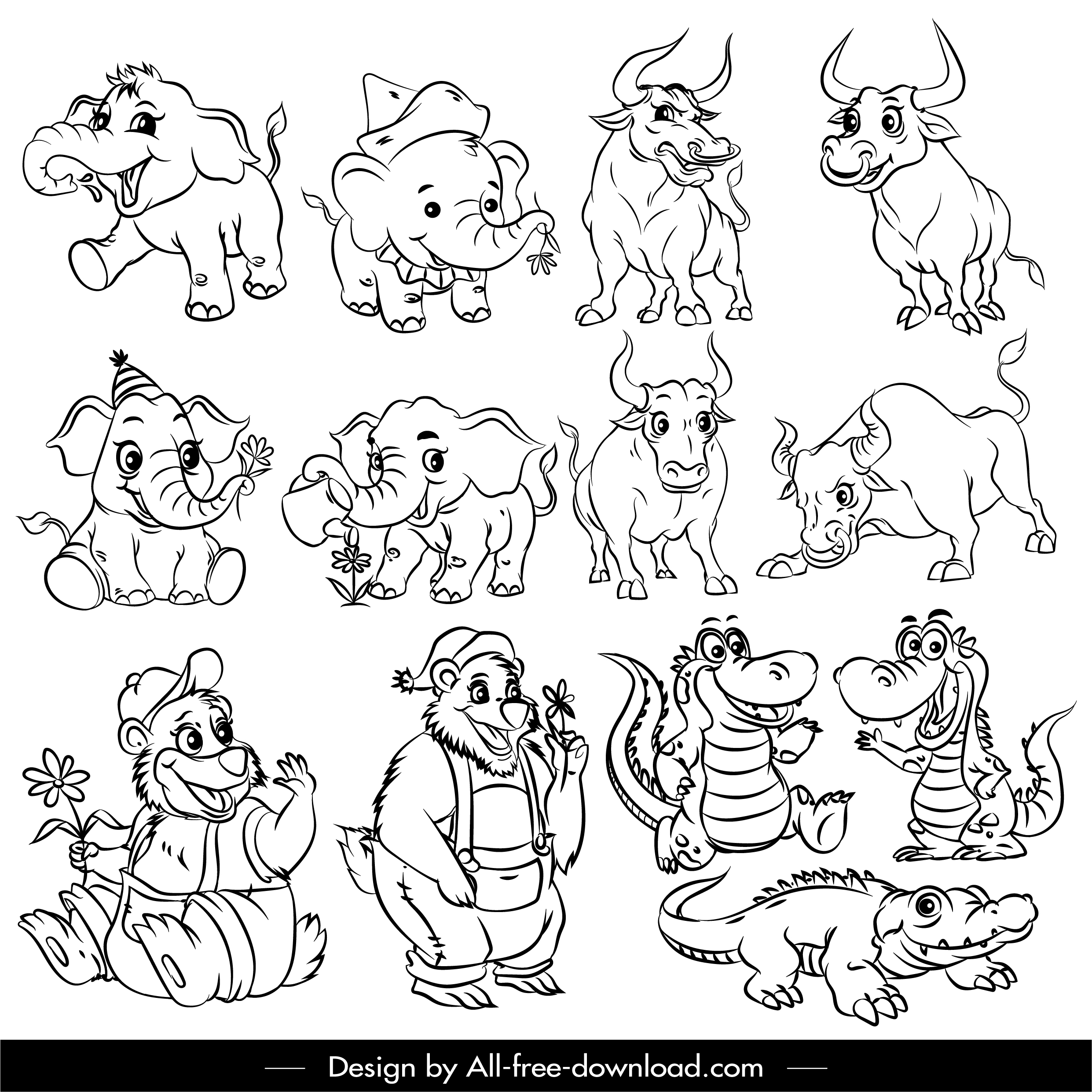 animals icons handdrawn bears elephants bulls crocodiles sketch