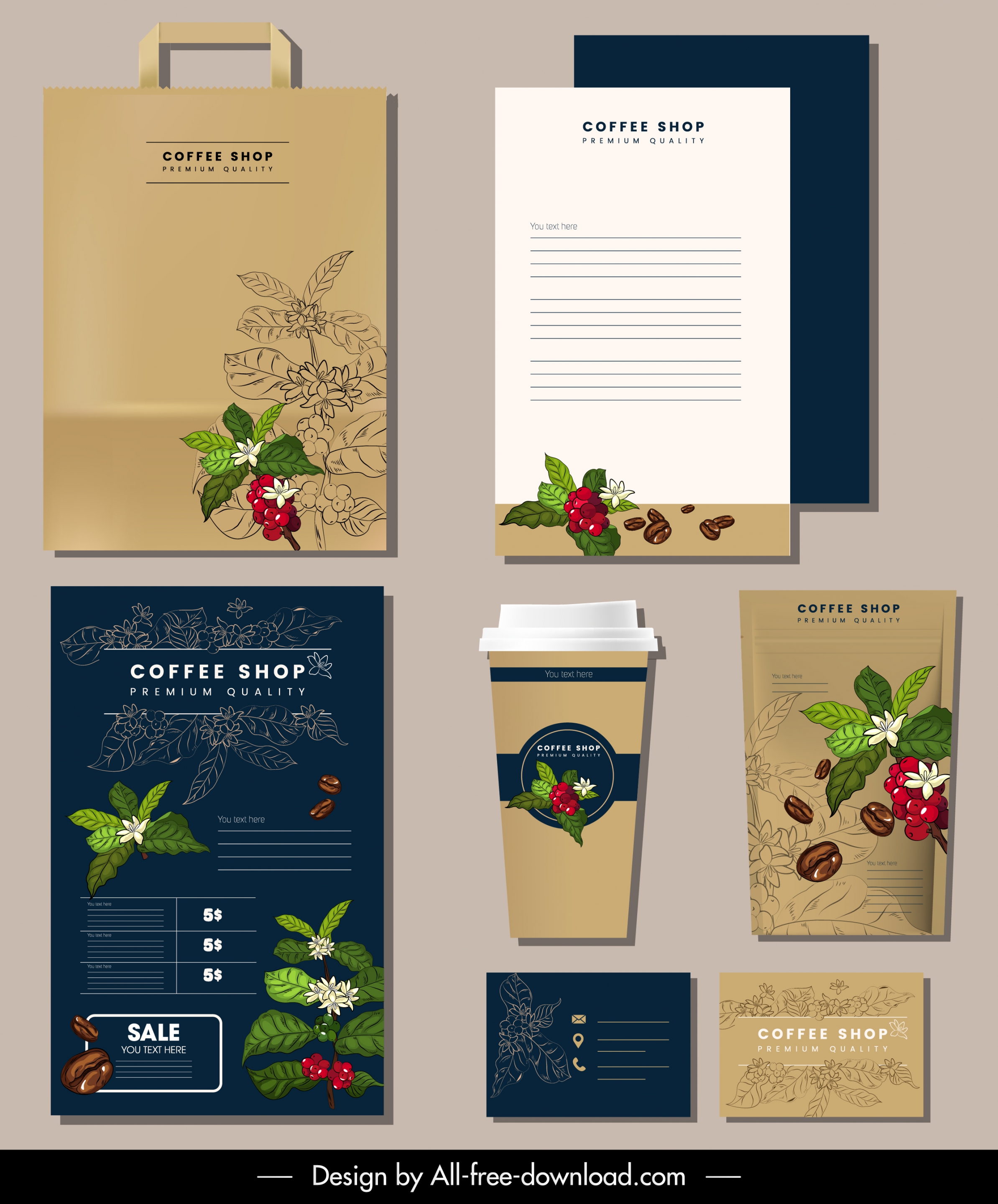 coffee flowers branding identity sets colored handdrawn decor