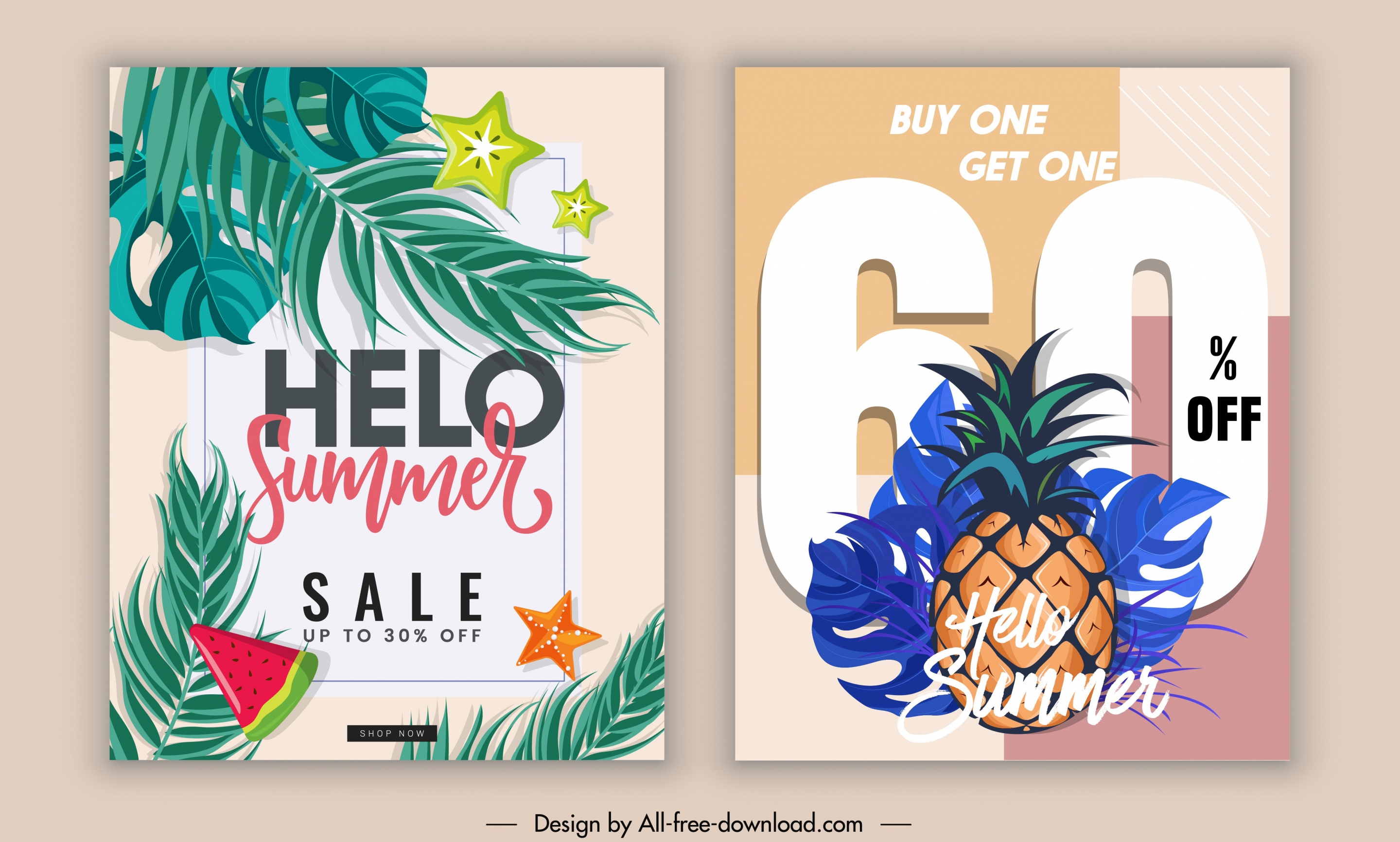 summer sale banners colorful leaves fruits decor