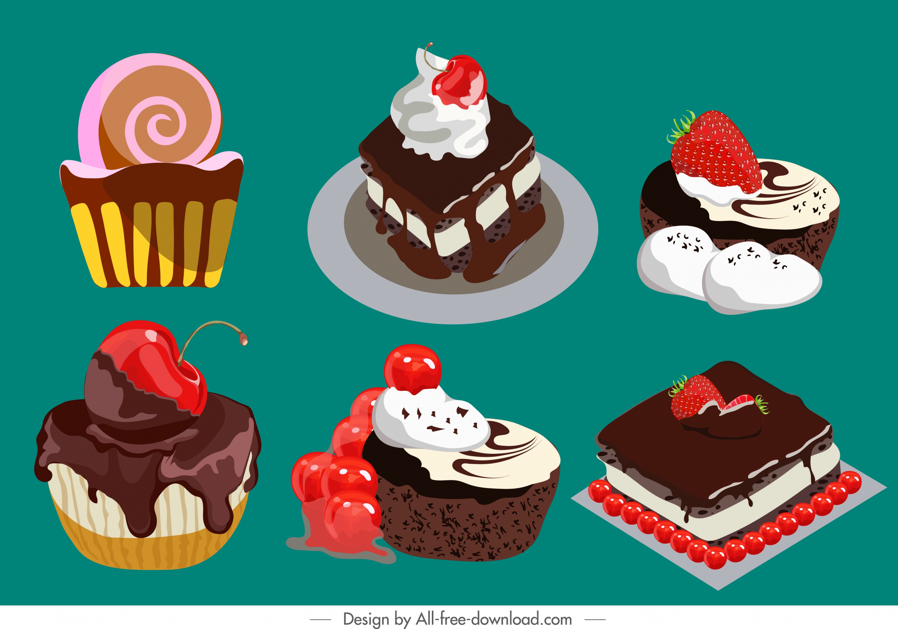 cream cakes icons colorful fruity chocolate decor