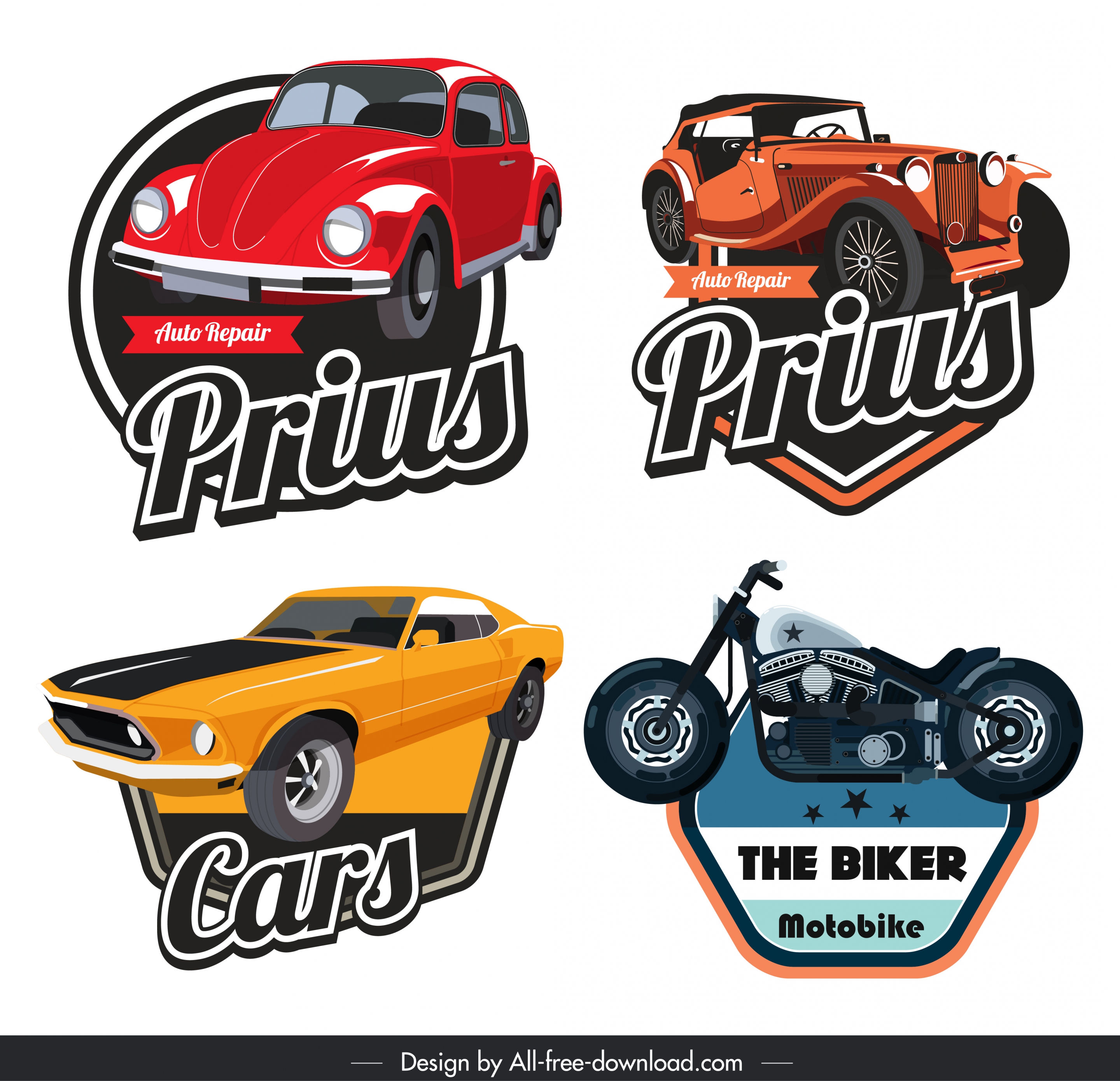 vehicles tags templates retro decor 3d flat sketch