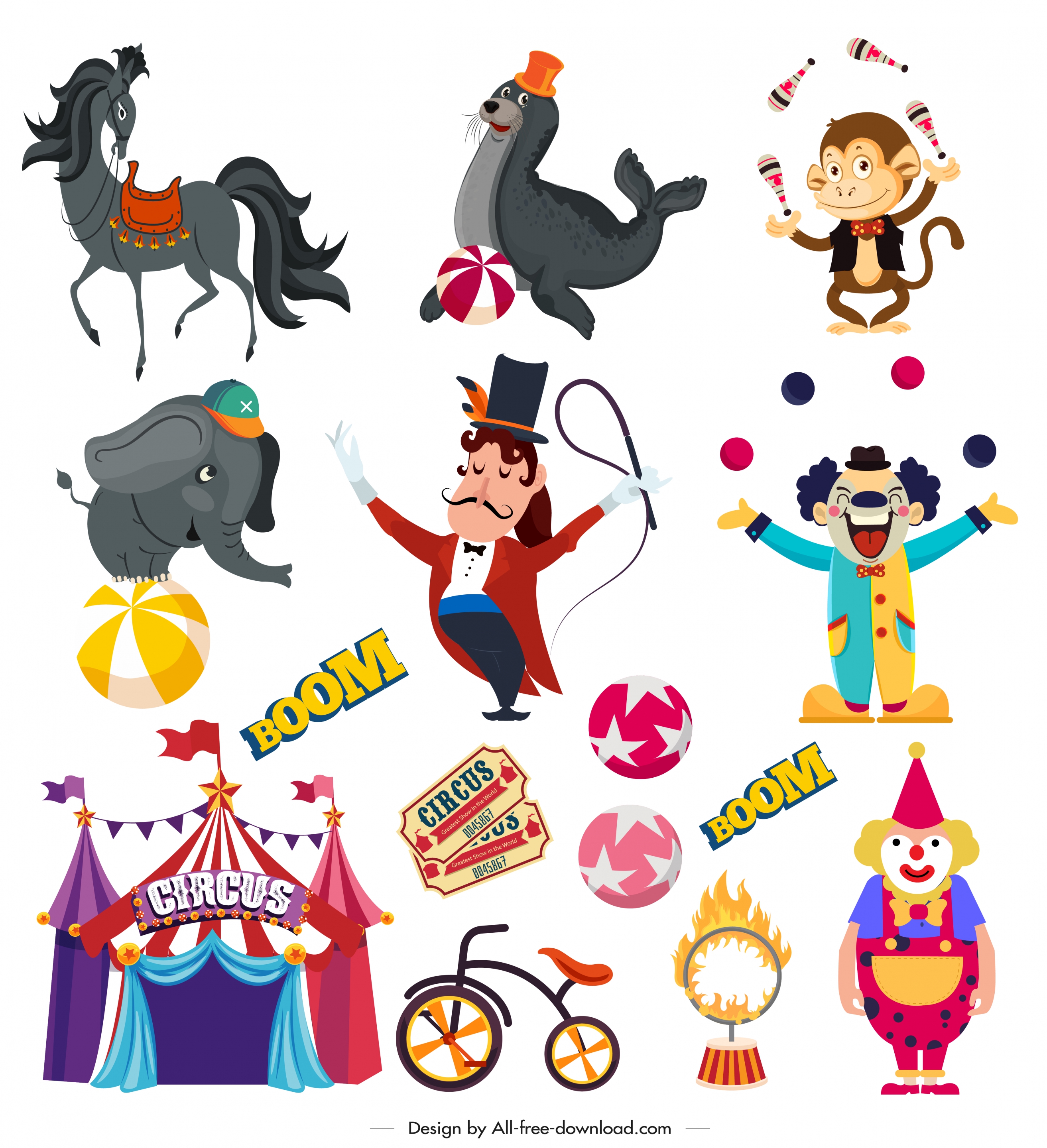 circus design elements animals clown tent performer sketch