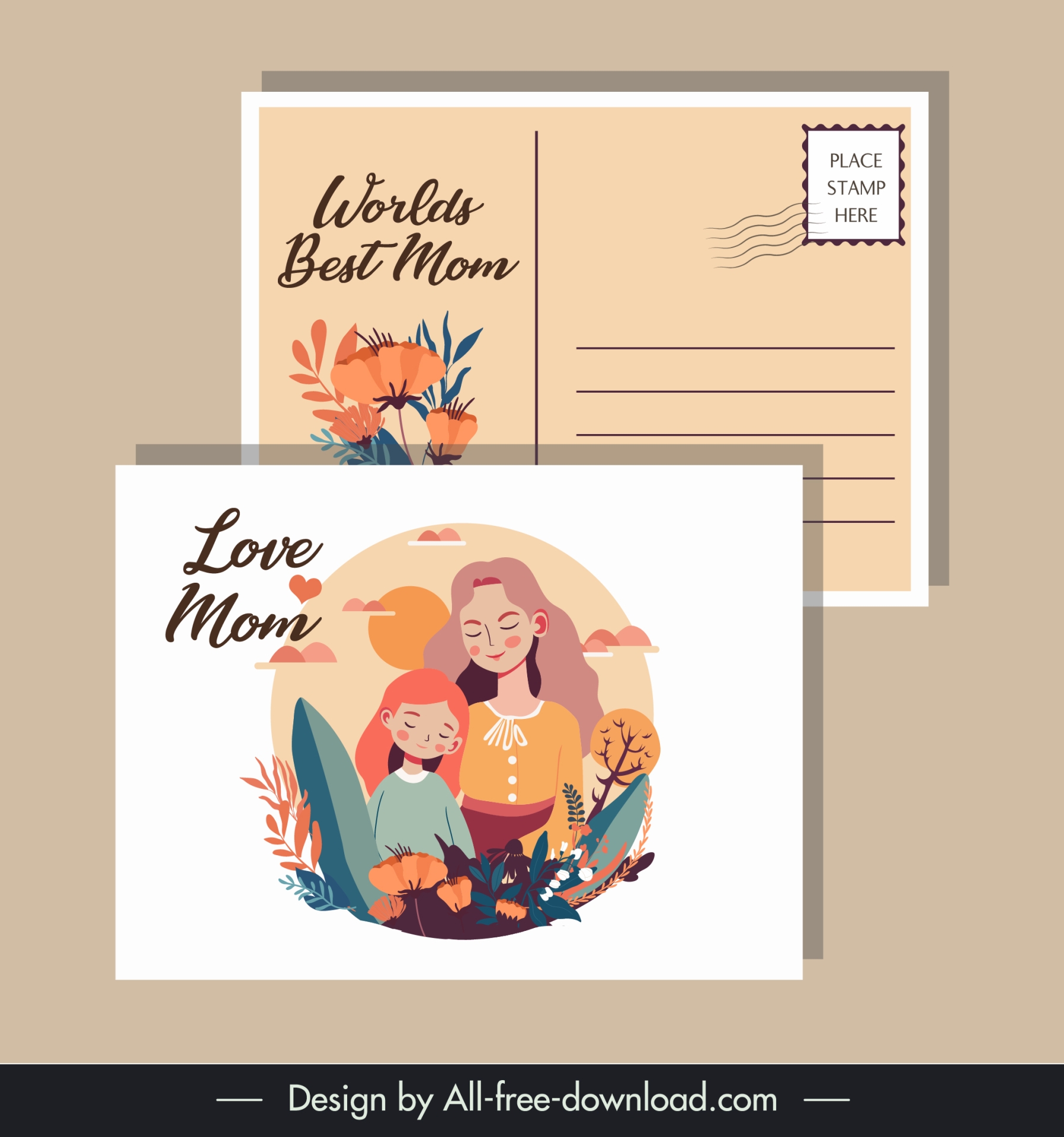 mother day postcard templates flowers mum daughter cartoon