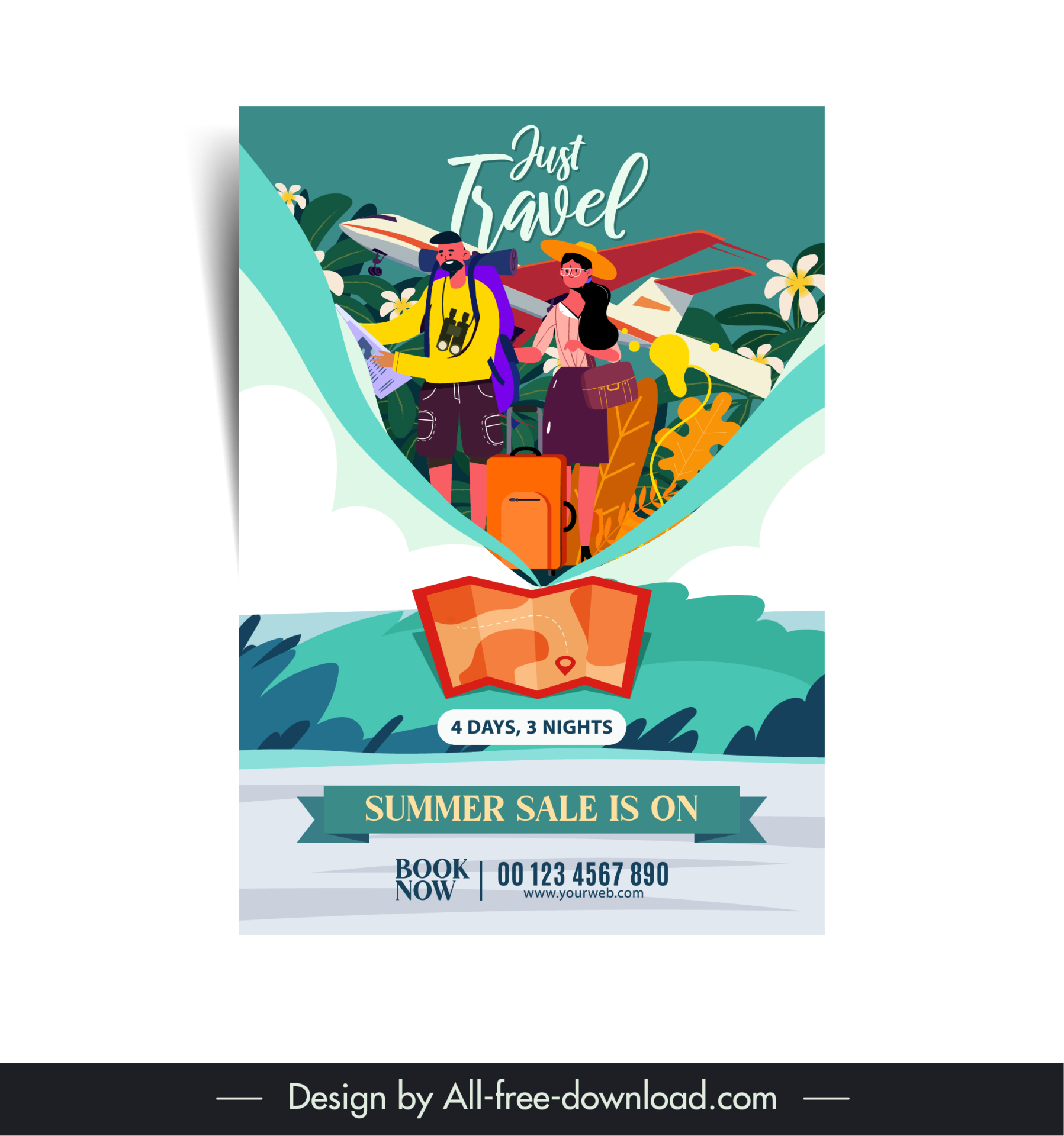 travel sale flyer template cartoon tourists elements