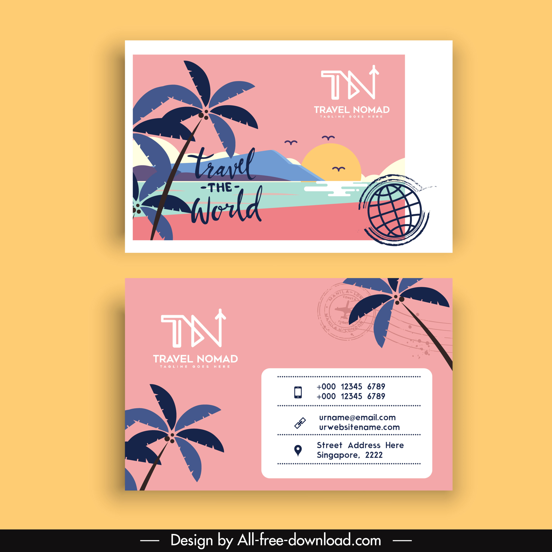 travel agency business card template classical flat sea scene elements