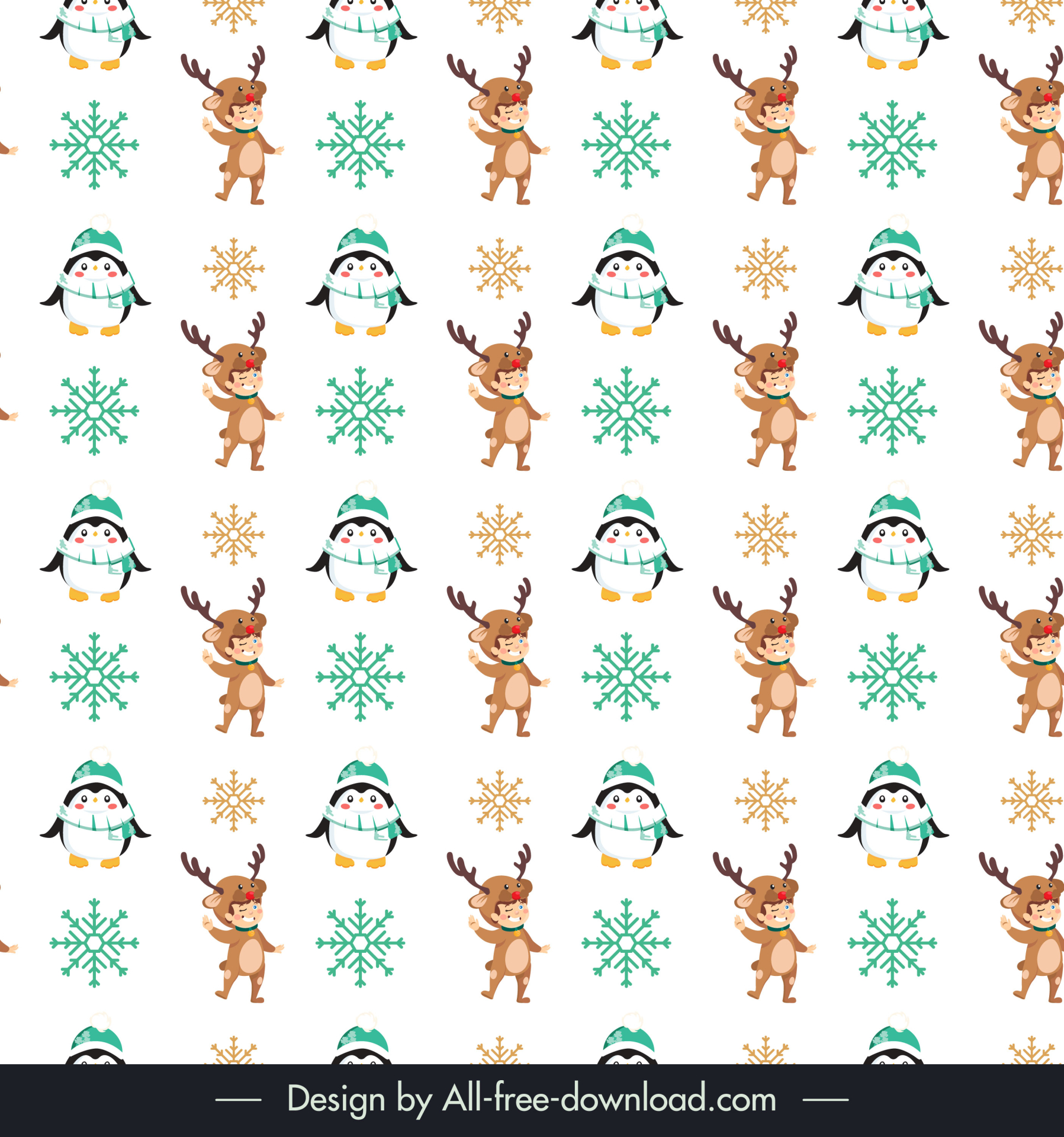 christmas  pattern template cute kid in reindeer costume stylized penguin sketch repeating cartoon design 