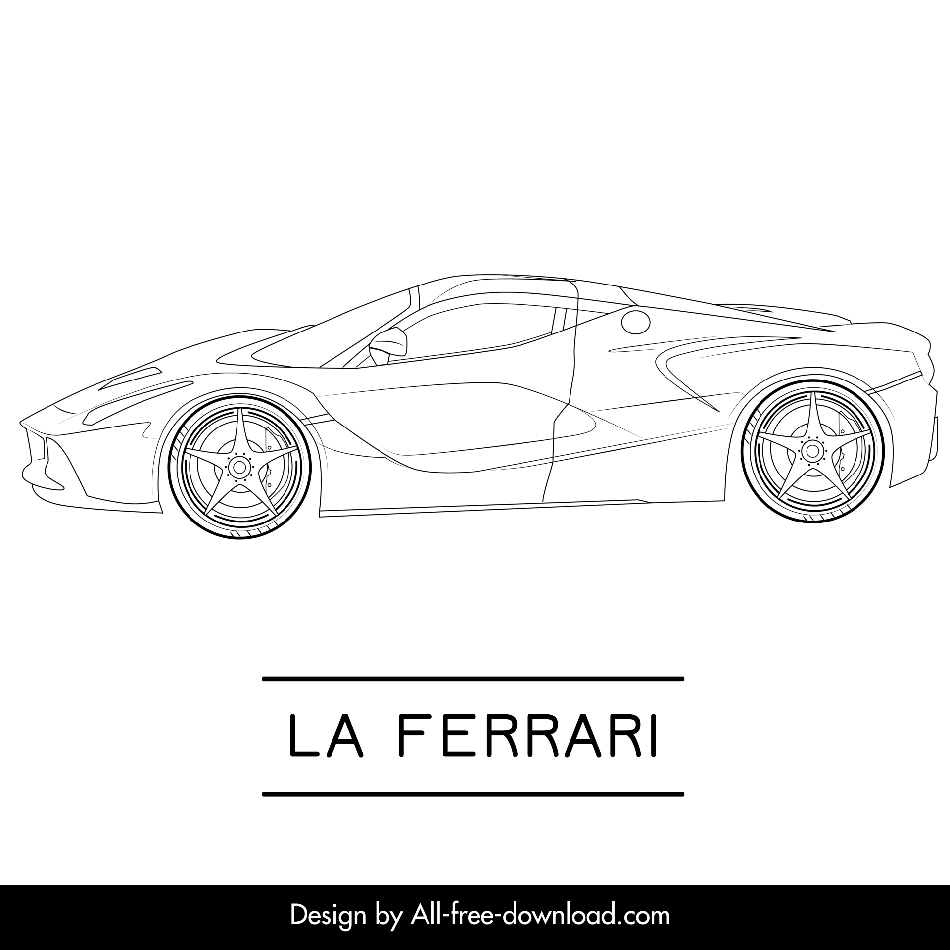 la ferrari car model icon flat black white handdrawn side view outline