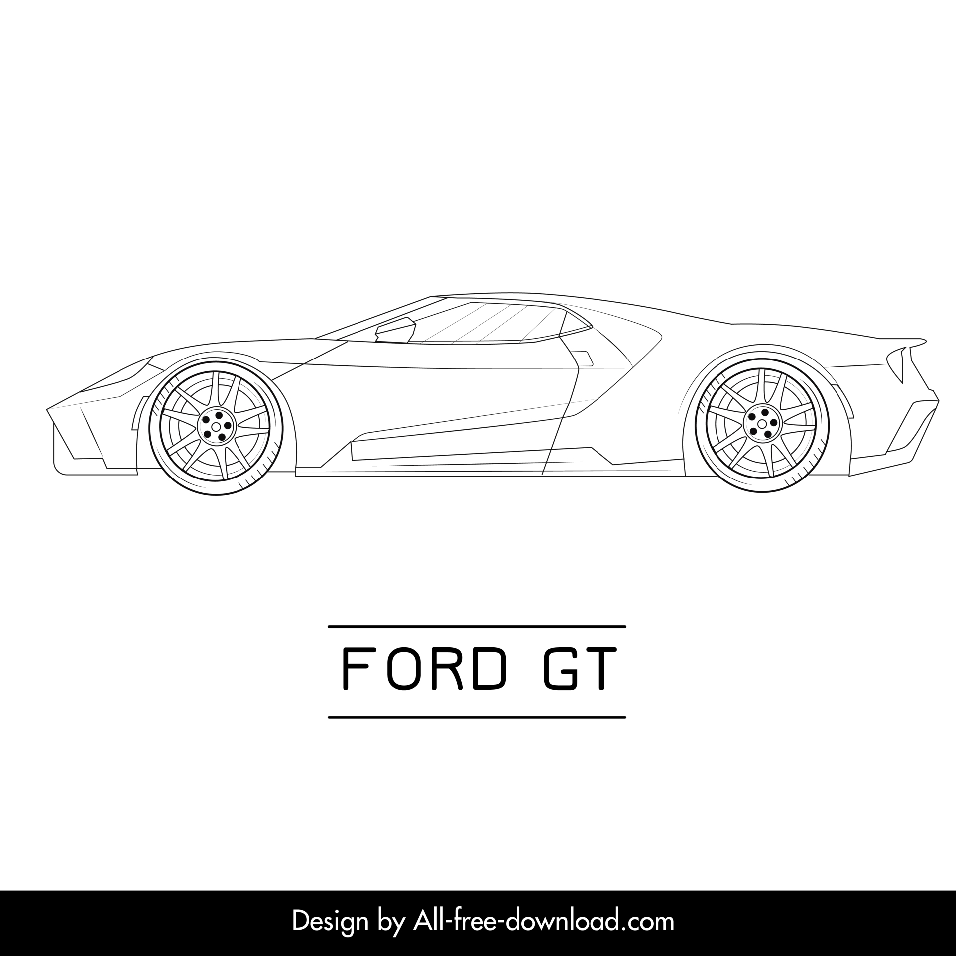 ford gt car model icon flat black white handdrawn side view outline