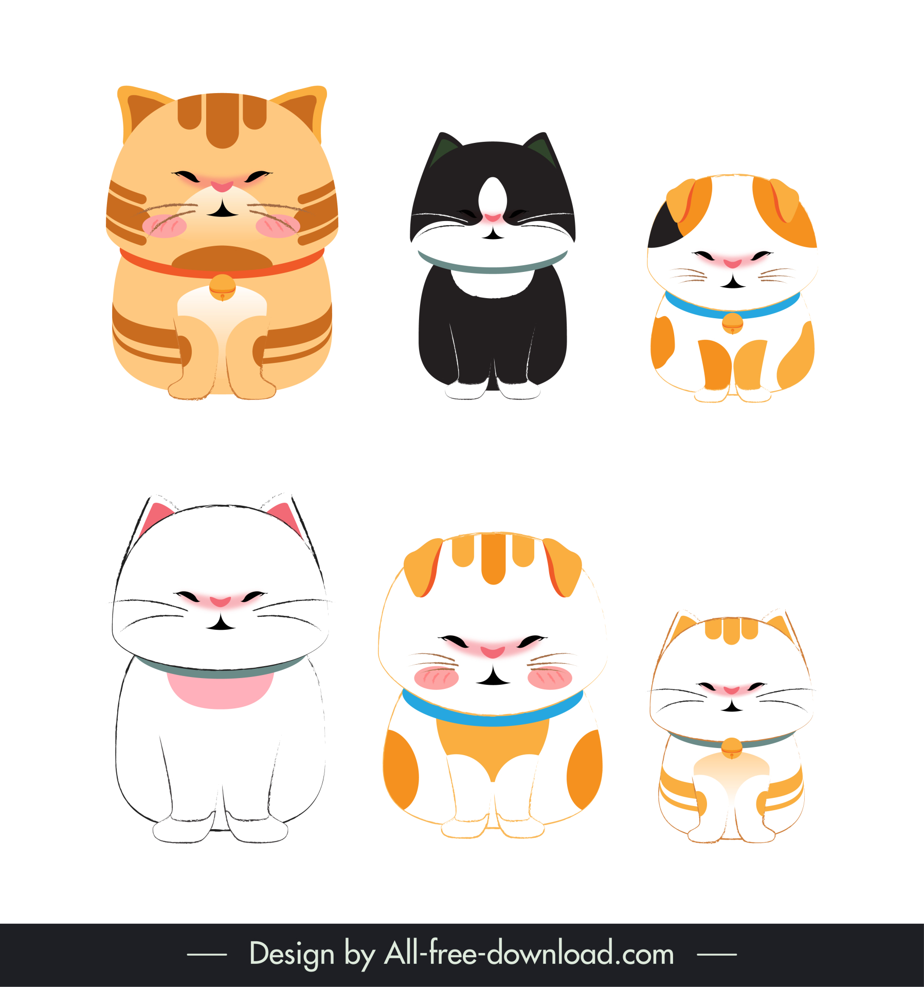 cute cats icons funny cartoon sketch flat classic design 