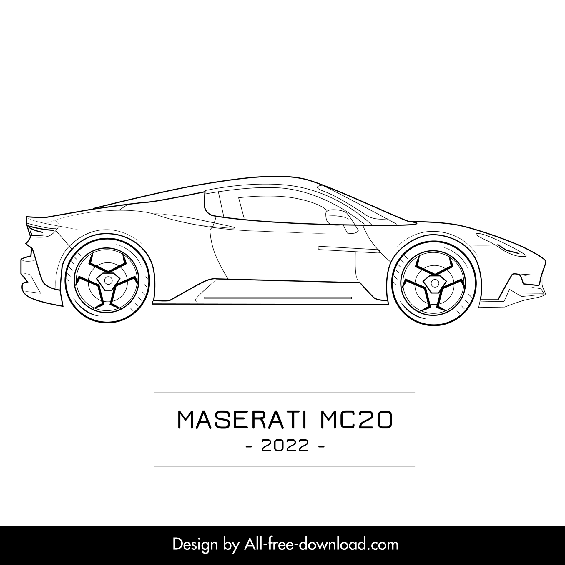 maserati mc20 2022 car advertising template flat black white handdrawn side view outline