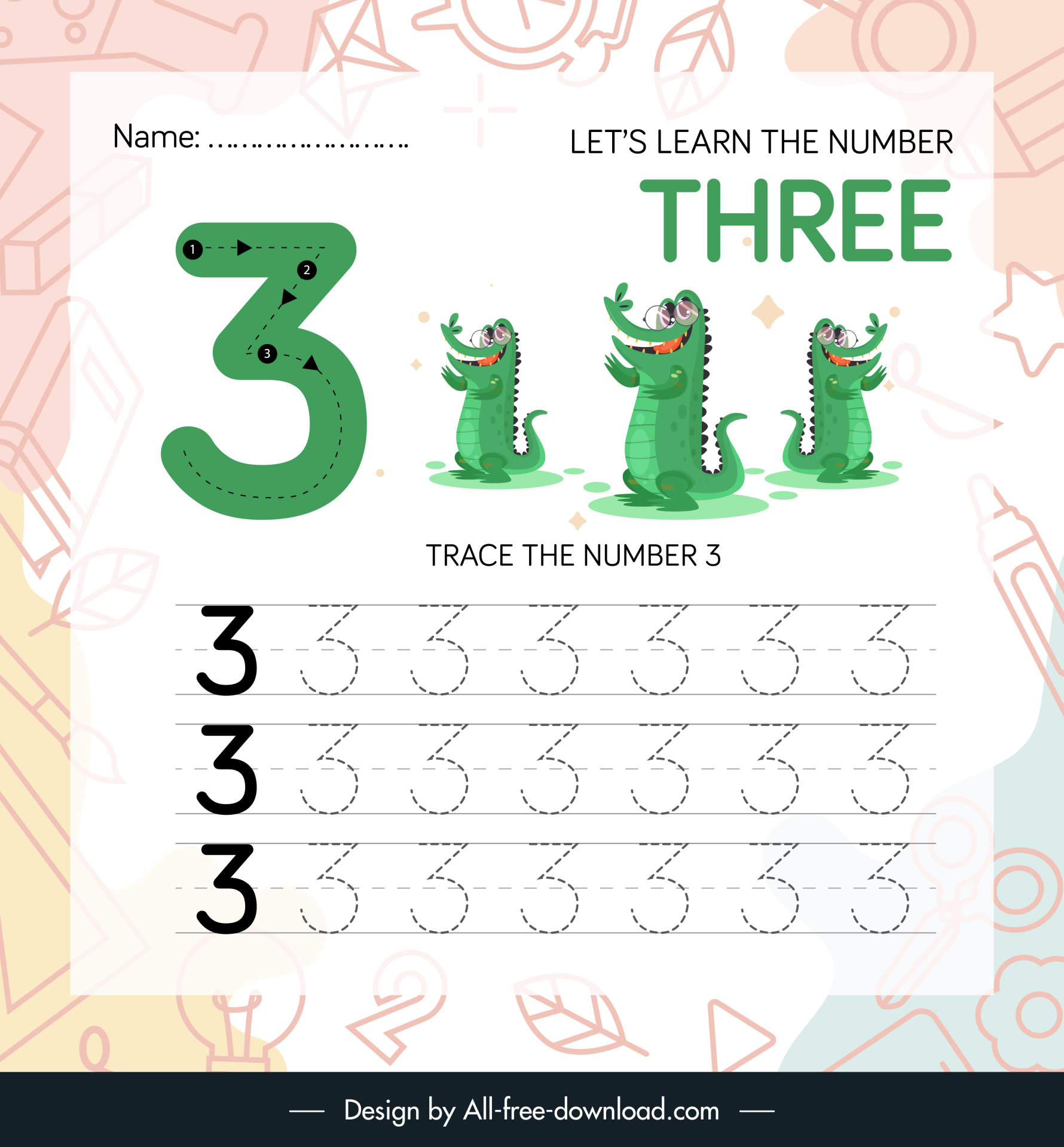 number three worksheet for kids template funny cartoon crocodile icons sketch