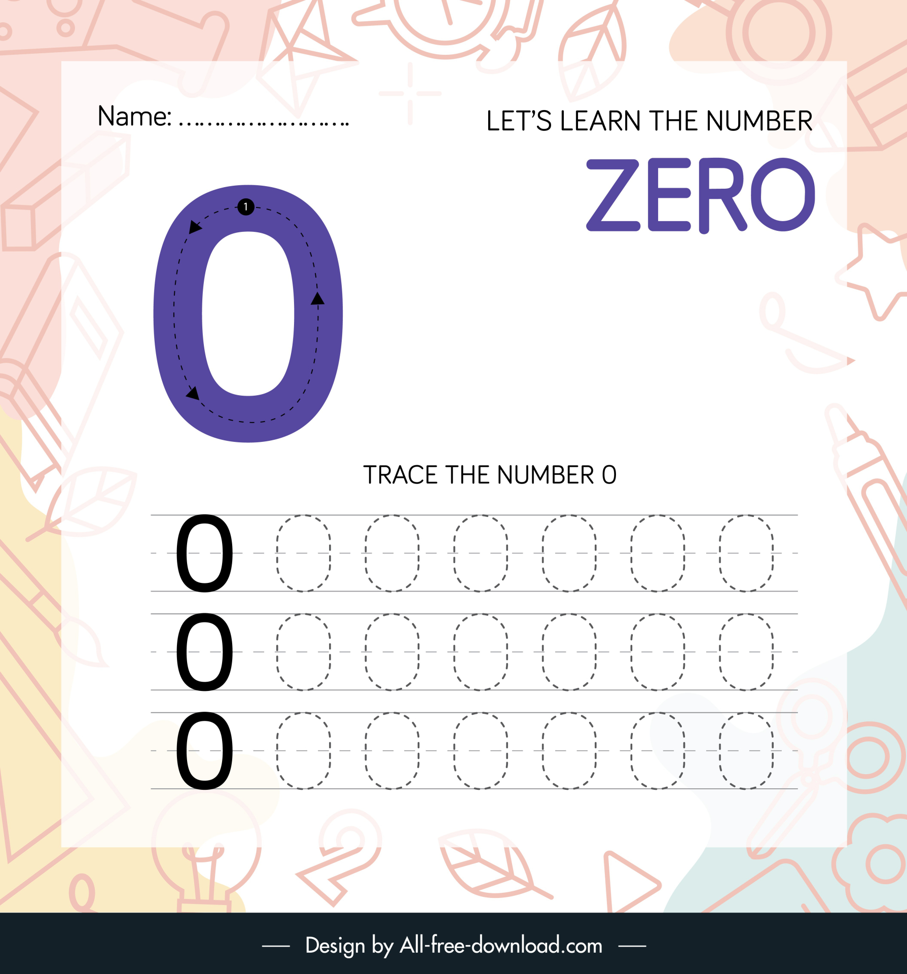 number zero worksheet for kids template flat bright education elements sketch