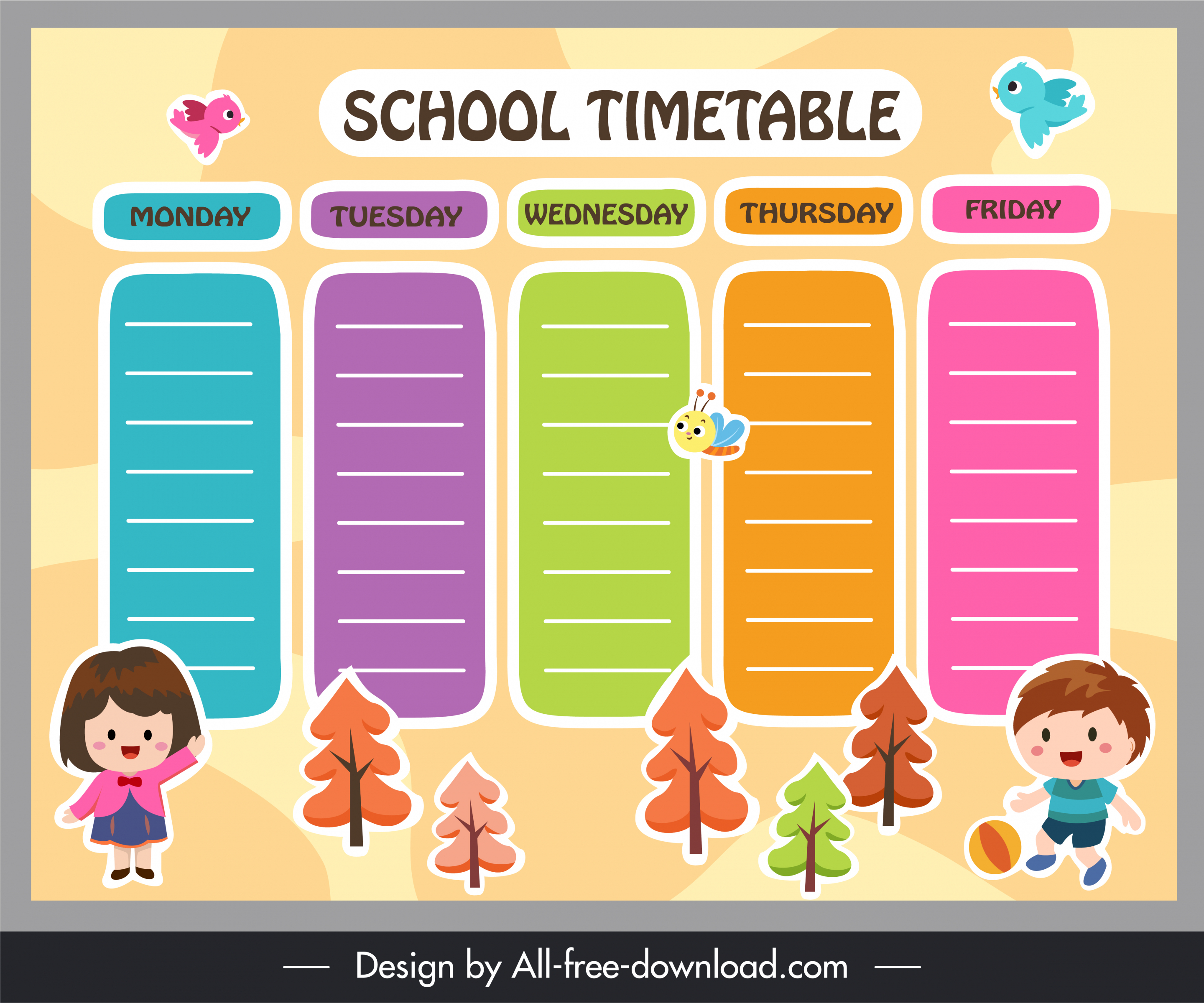 school timetable template colorful cute kids birds decor