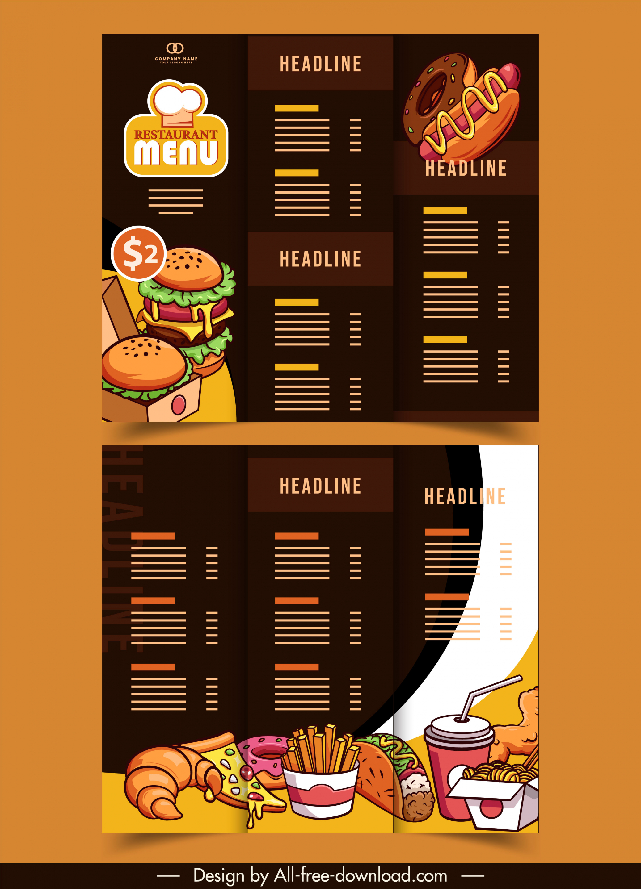 menu templates dark handdrawn decor trifold classic design