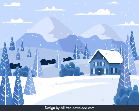 winter scene background snow mountain cottage trees sketch