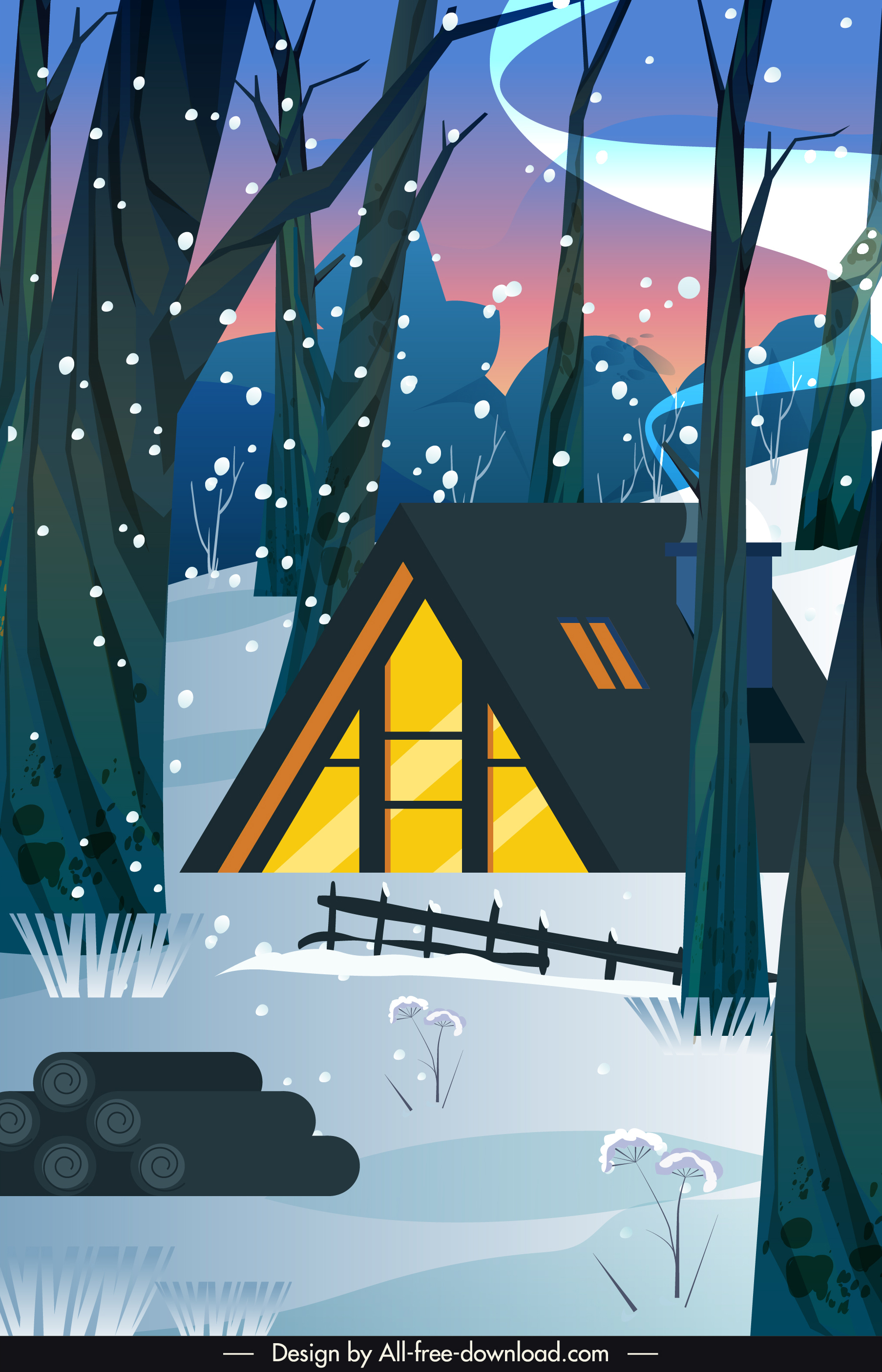 winter scene background forest cottage snowfall sketch