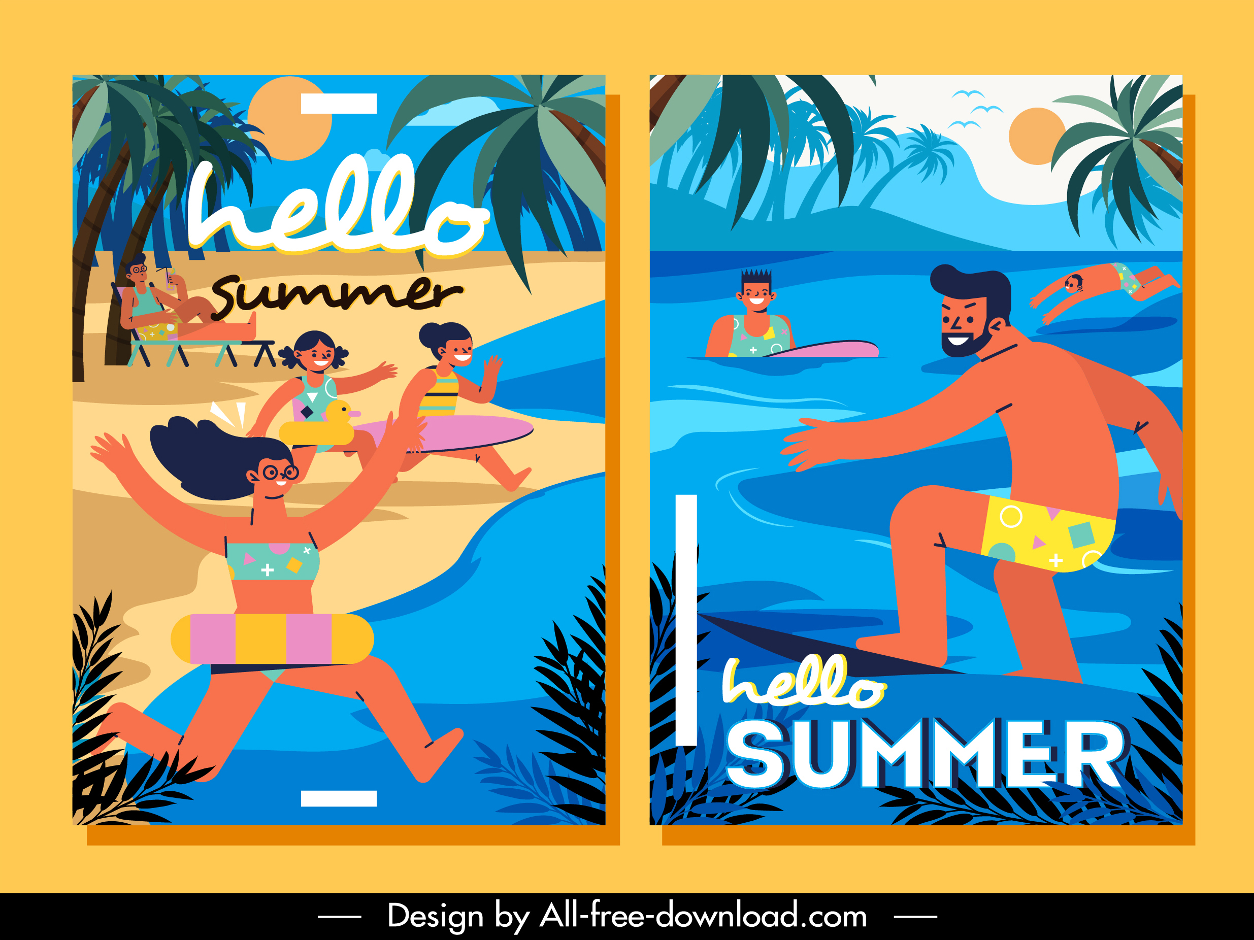 summer vacation posters beach activities sketch flat colorful