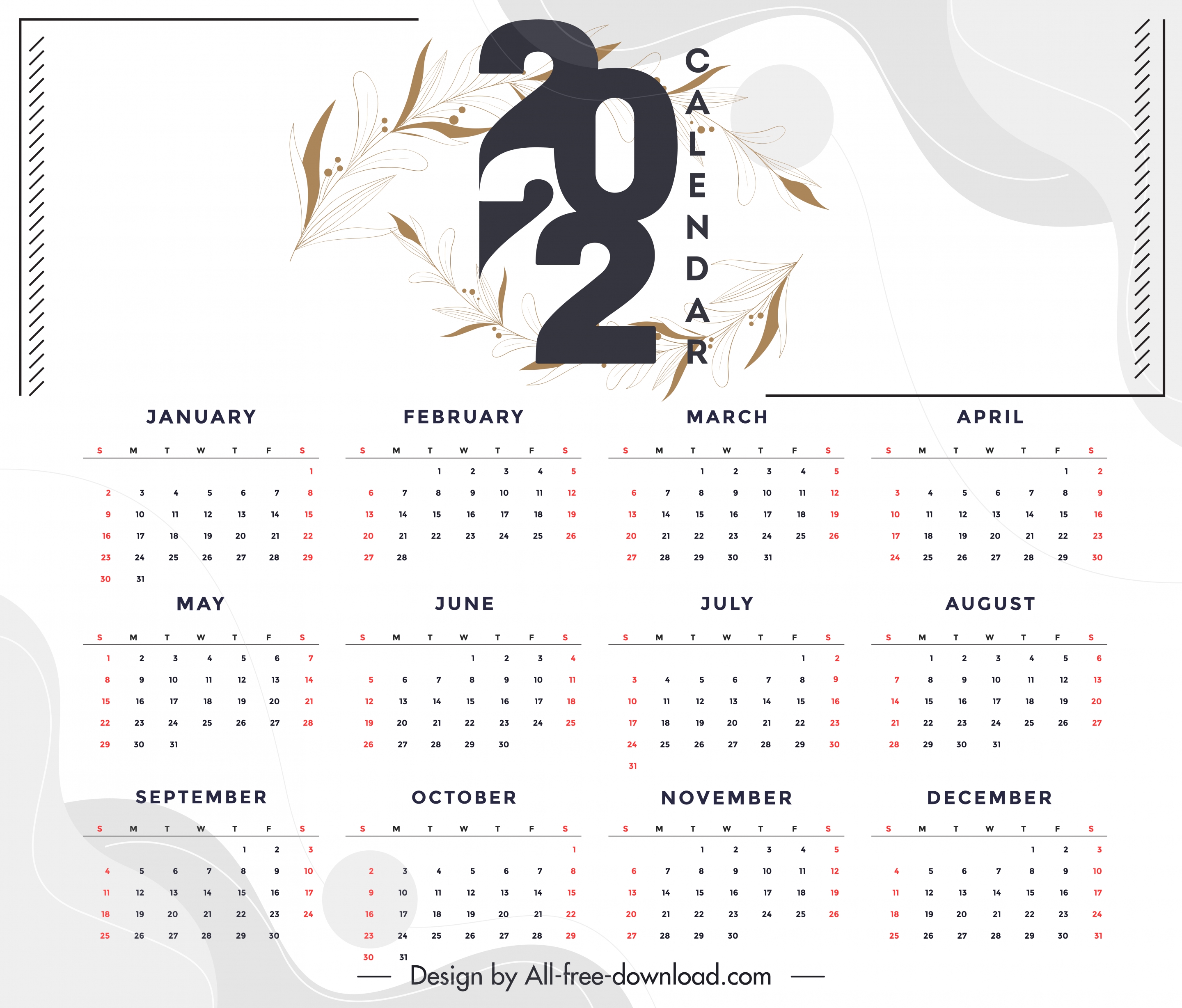 2022 calendar template elegant bright design leaves sketch