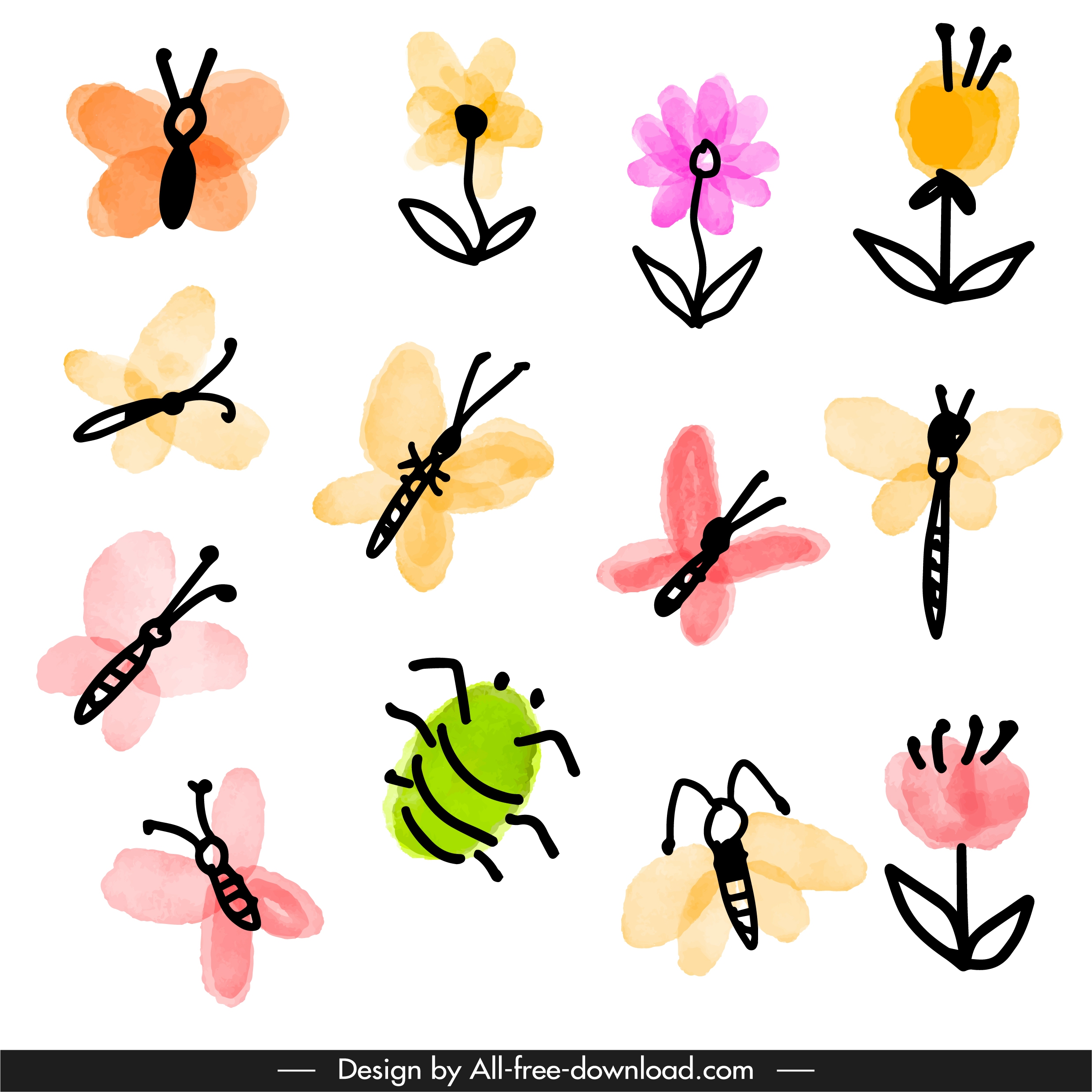 nature elements icons colorful flat handdrawn classic sketch