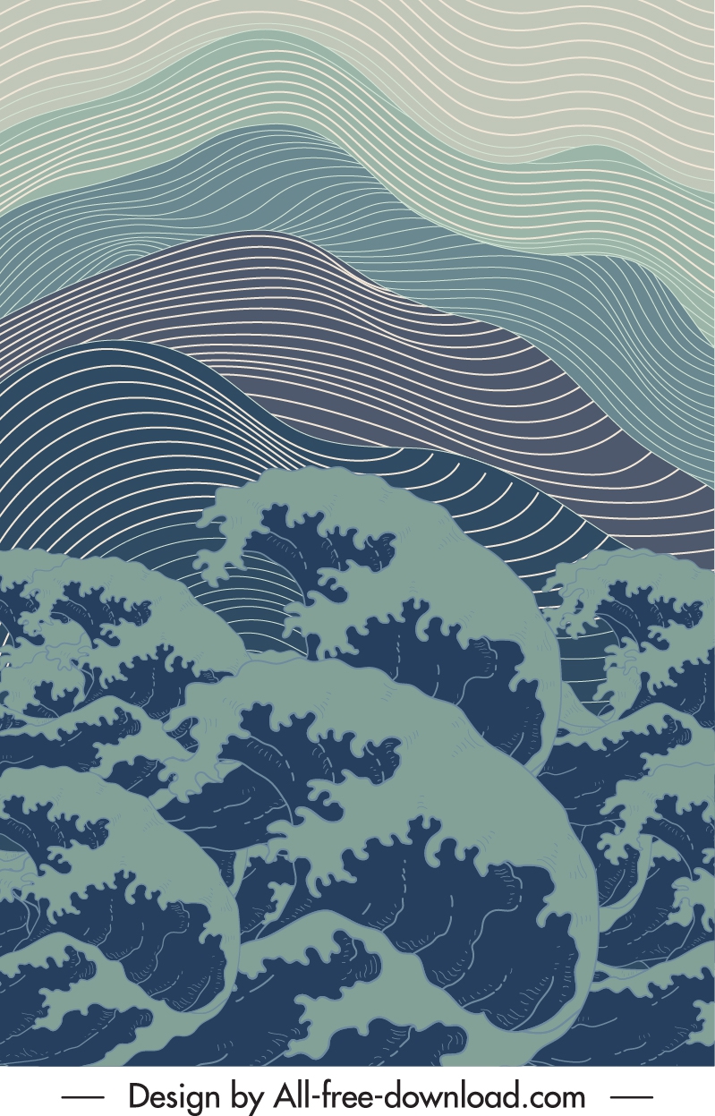 sea background template retro waves curves handdrawn motion