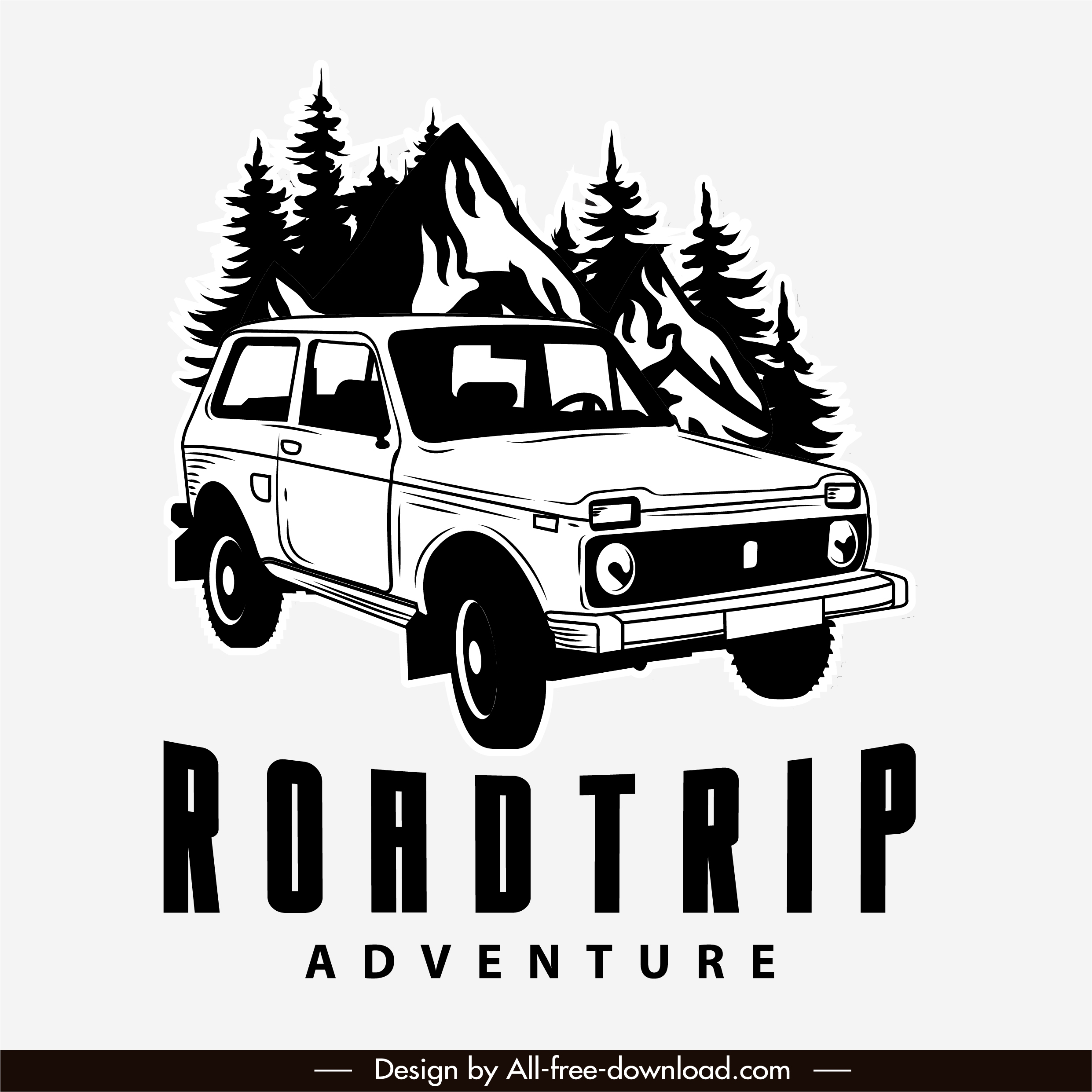 road trip logo black white handdrawn classic car