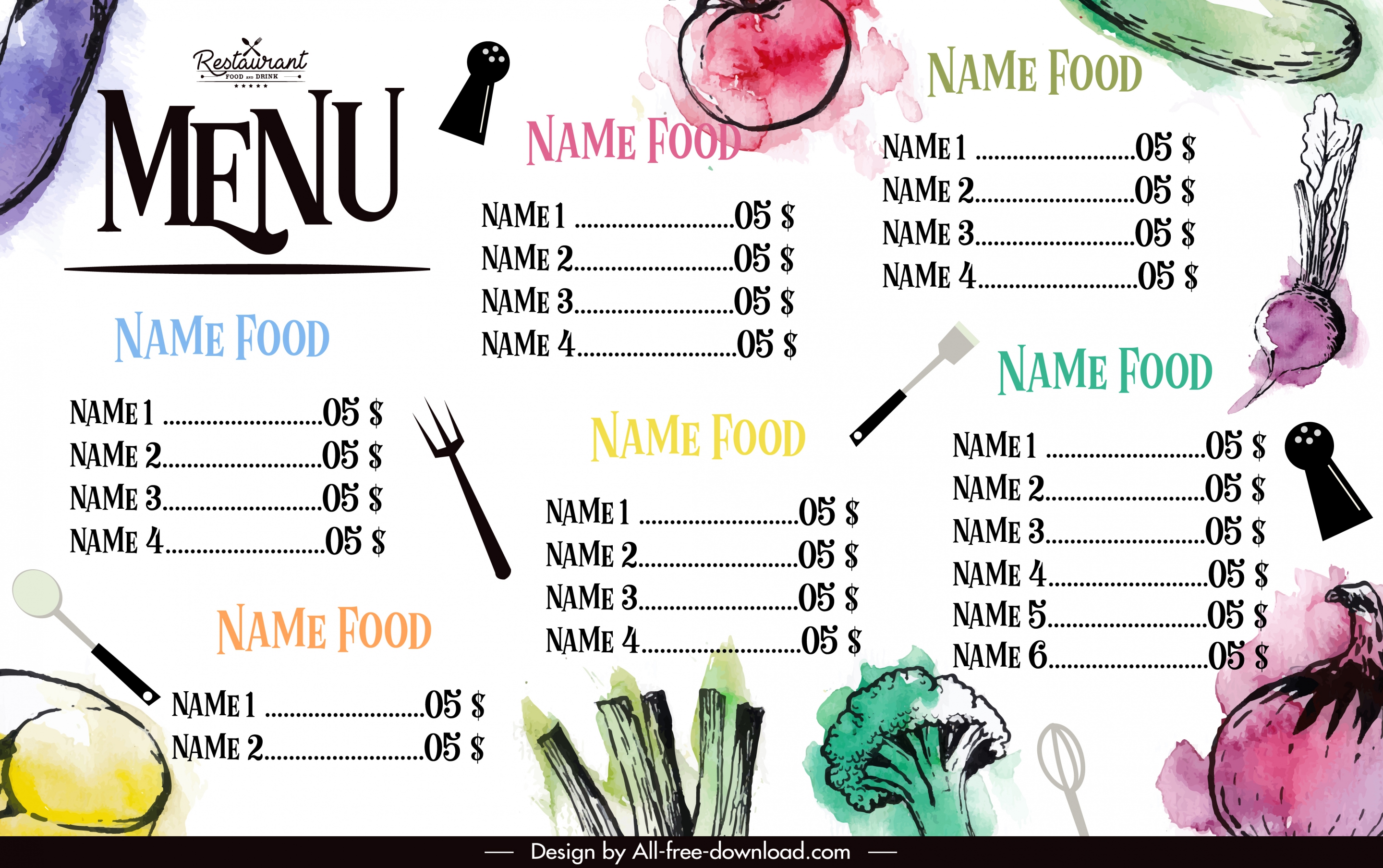 vegetables menu template grunge retro flat handdrawn decor