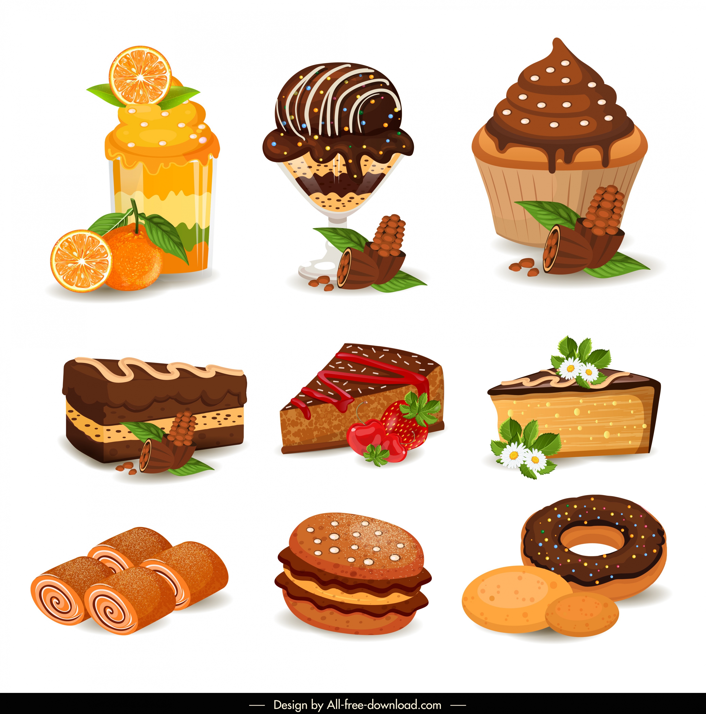 dessert cream cakes icons colorful sketch fruits decoration