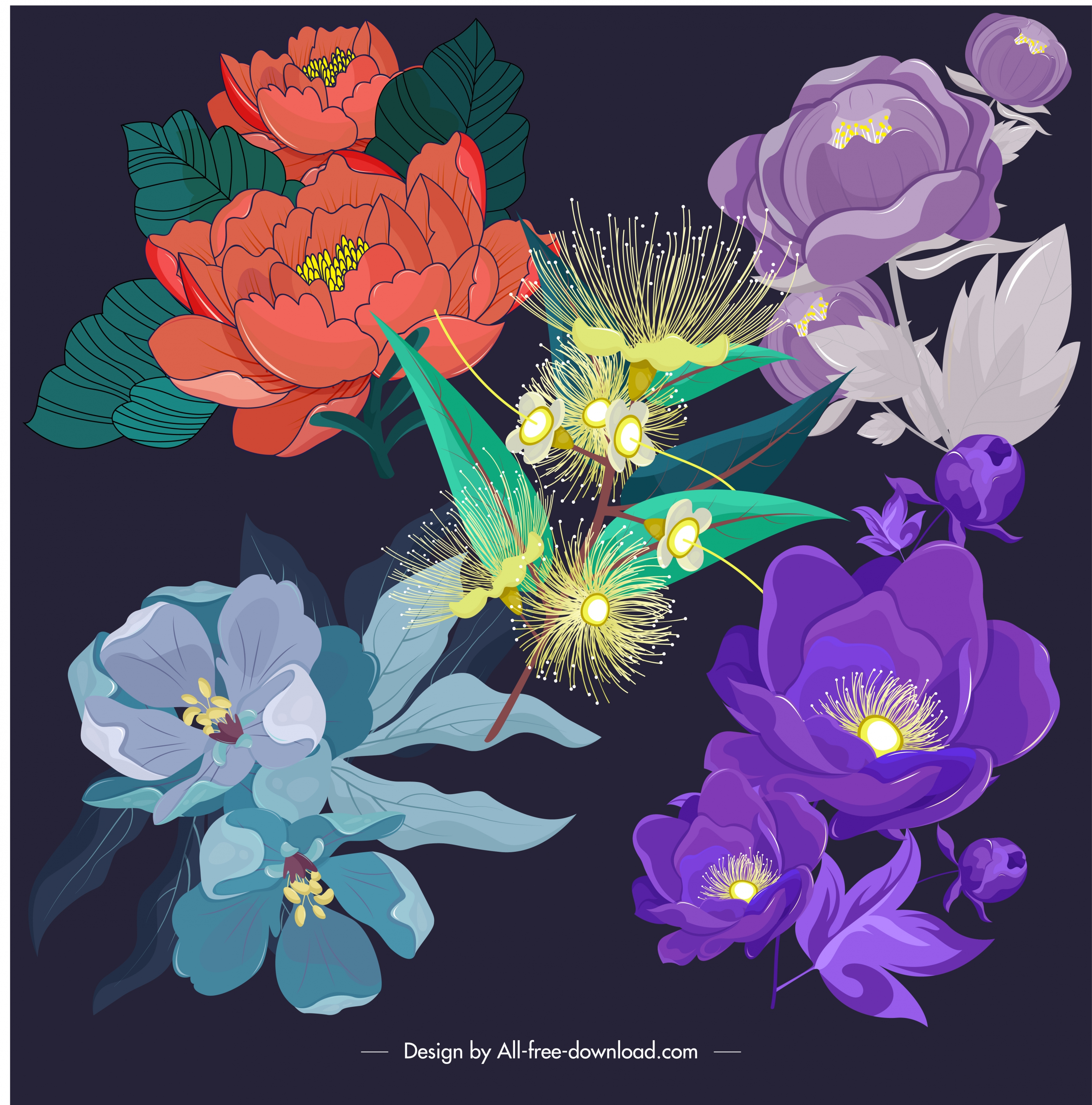 flowers icons dark colorful classical design