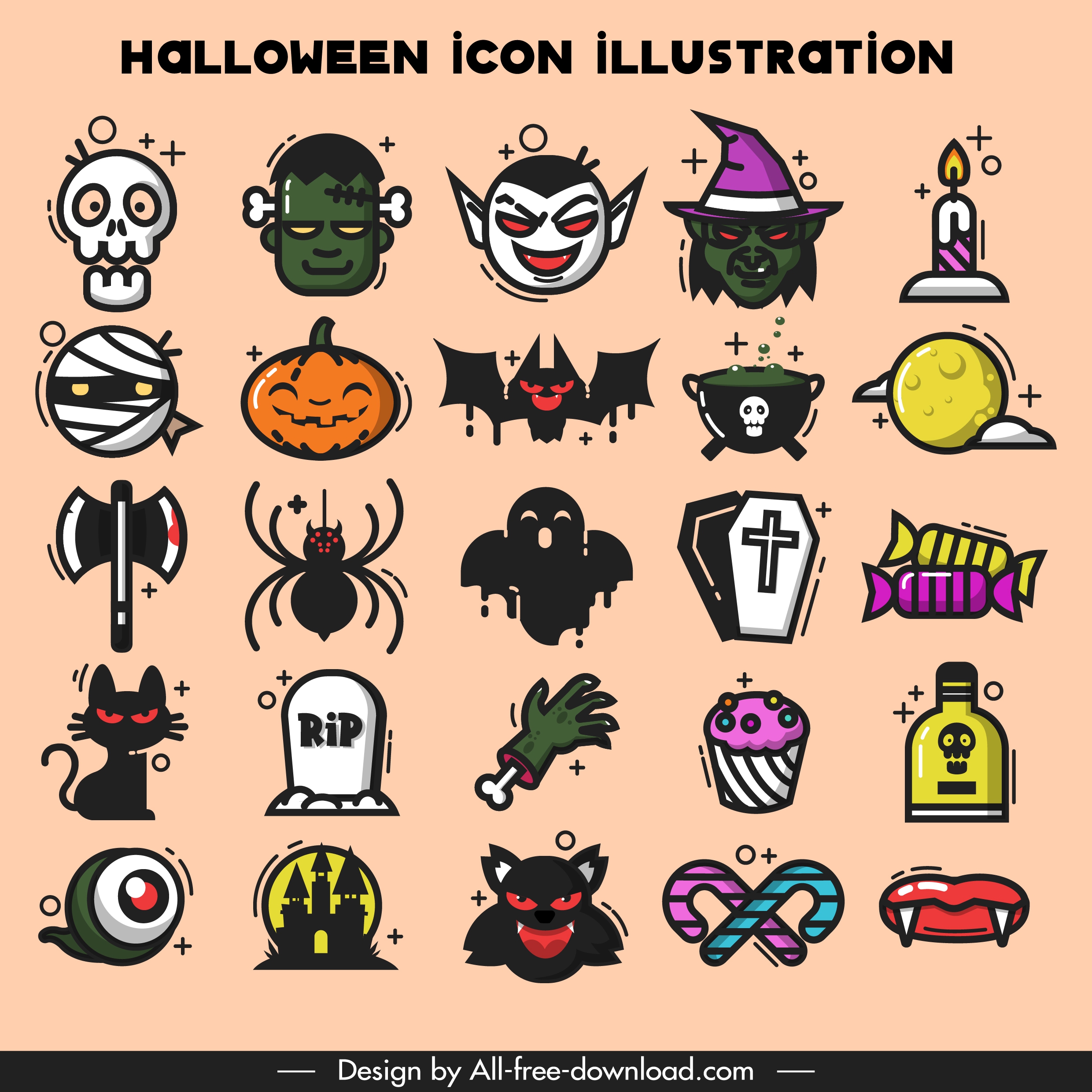 halloween icons collection colored horror emblems sketch