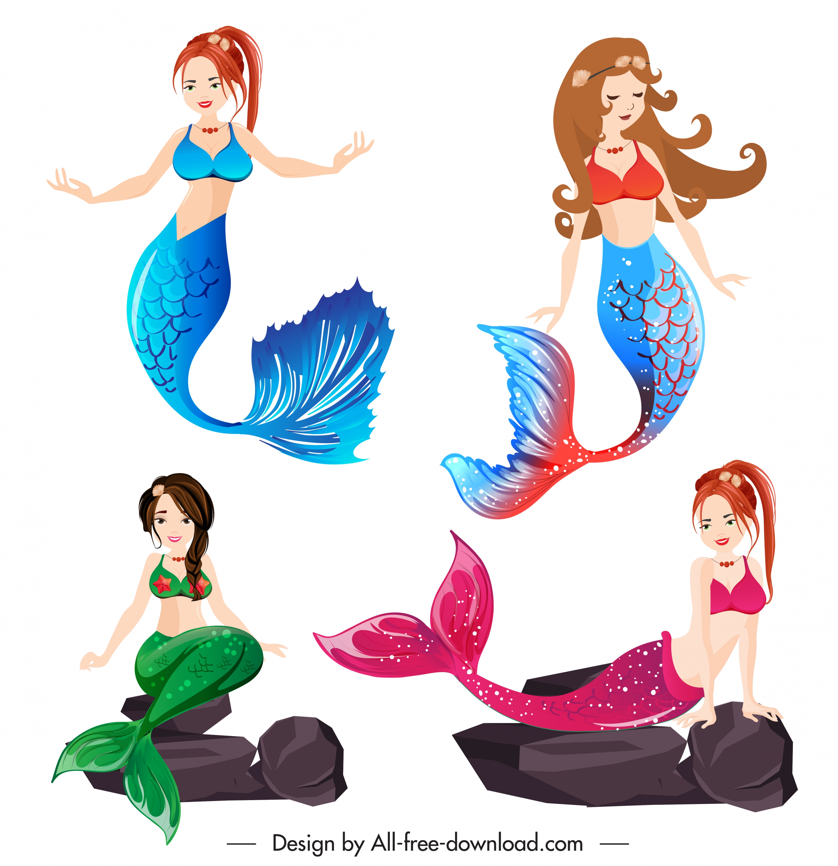 mermaid icons beautiful young girls sketch cartoon design