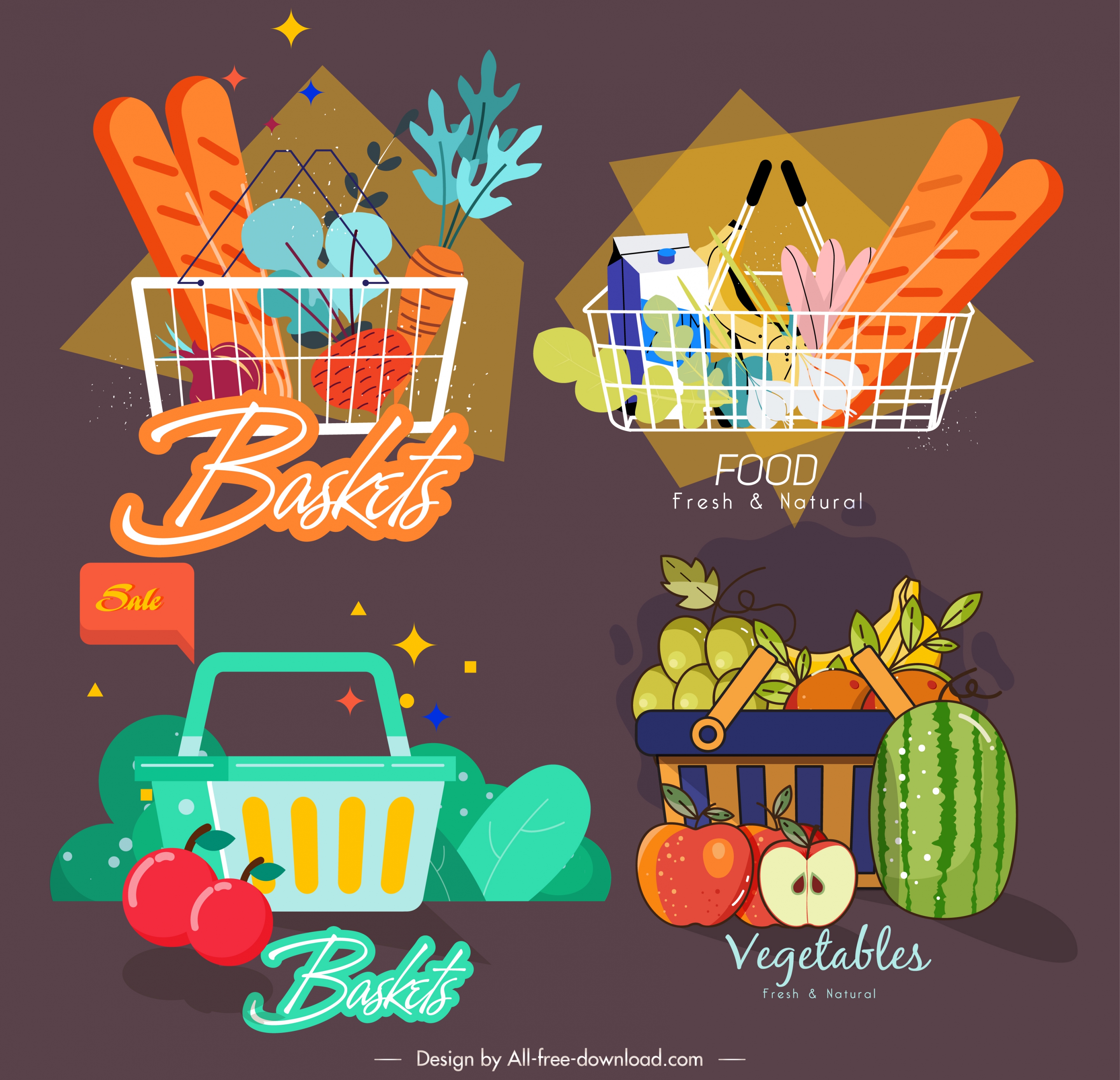 food basket icons dark colored classical design