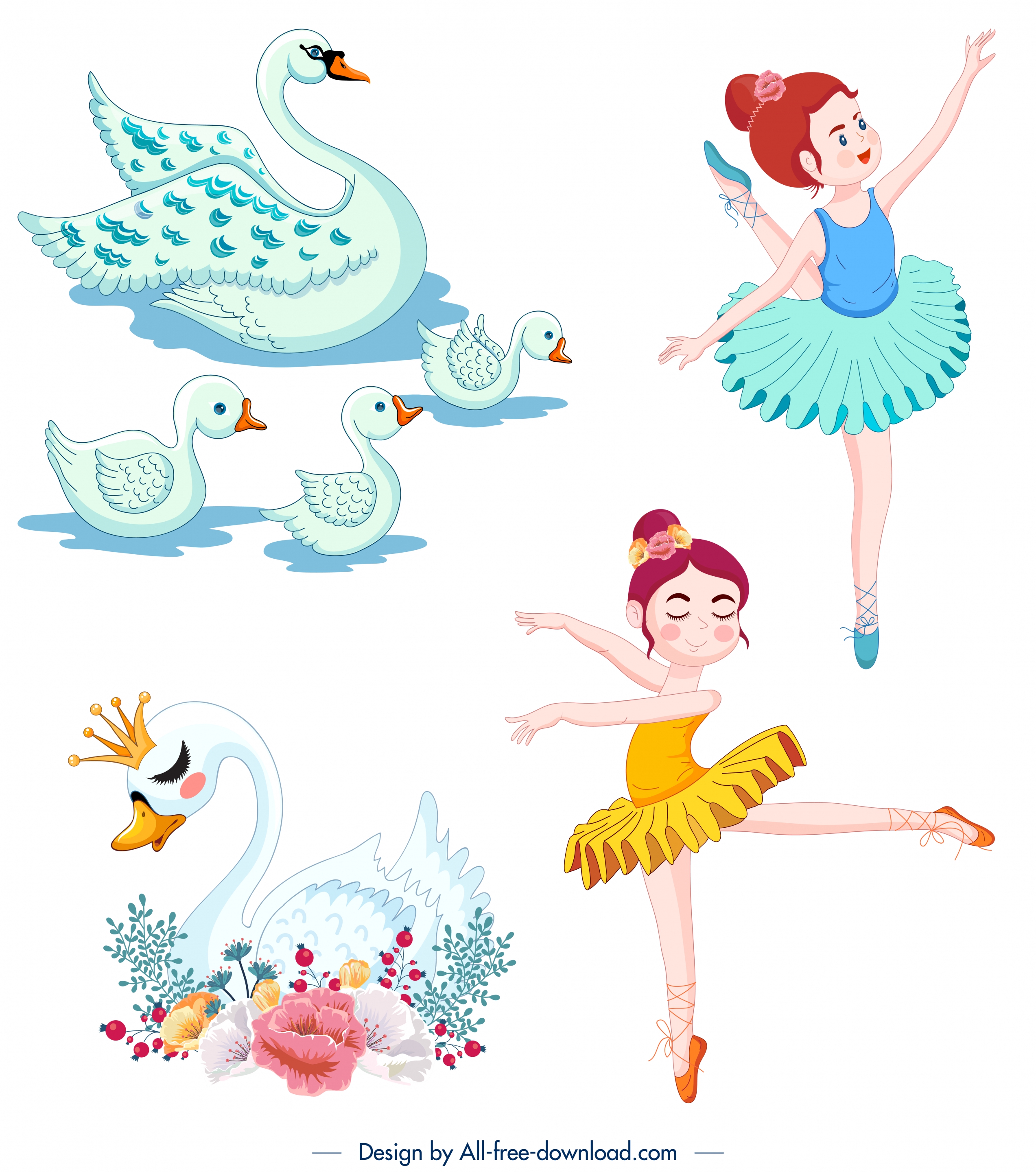 swan ballet design elements cute cartoon characters