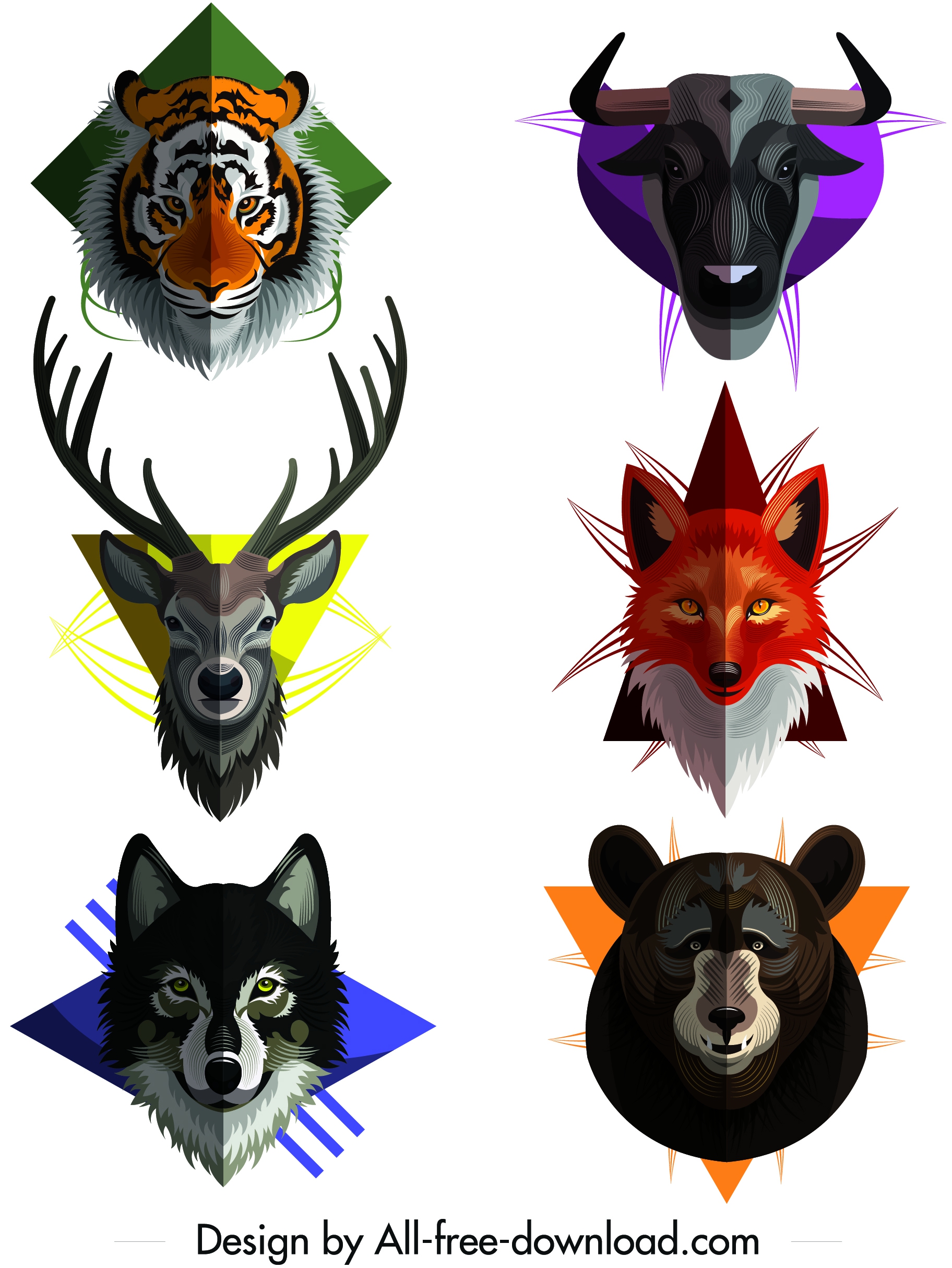 wild animal icons collection colored symmetric heads decor