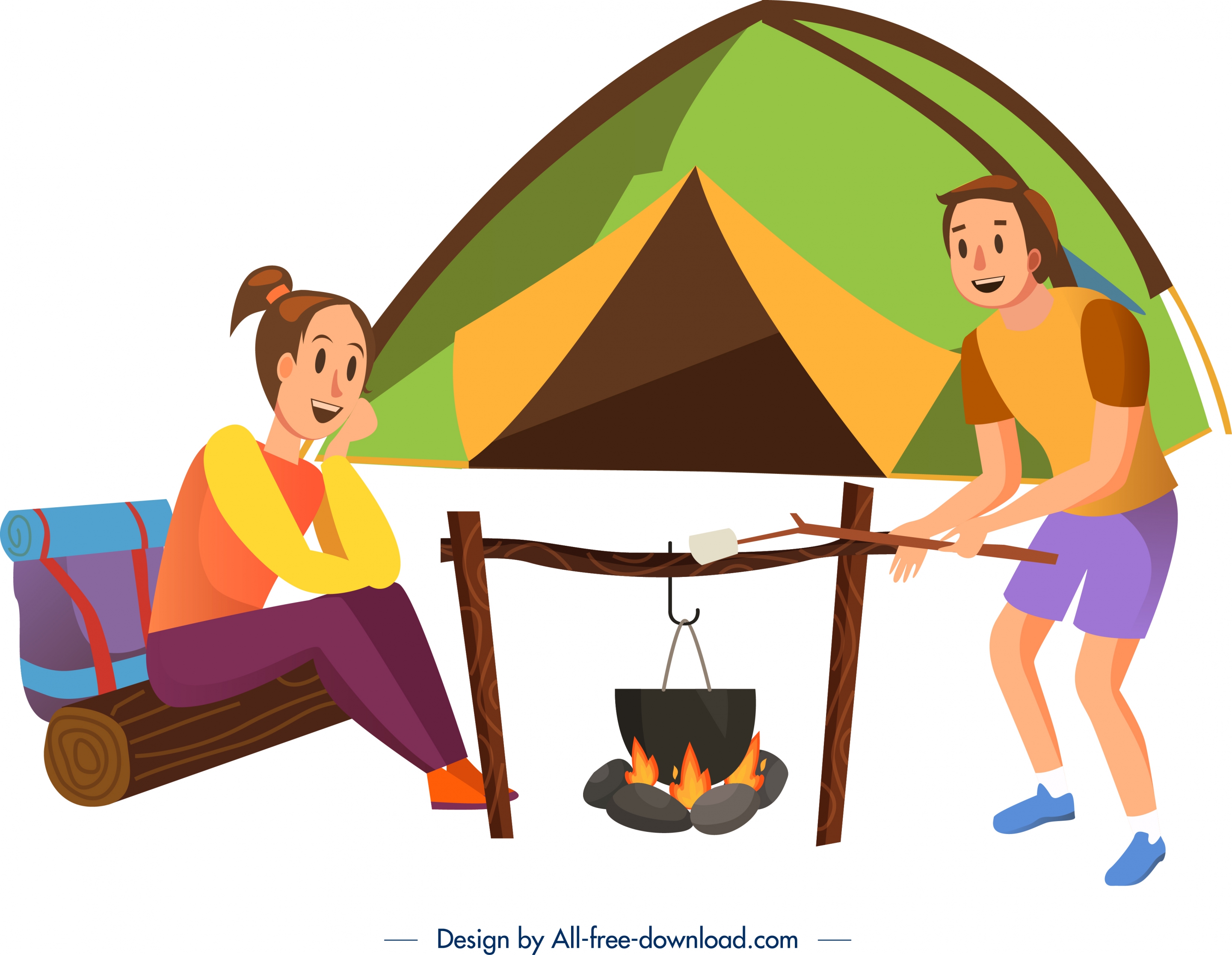 camping background people tent campfire icons cartoon design