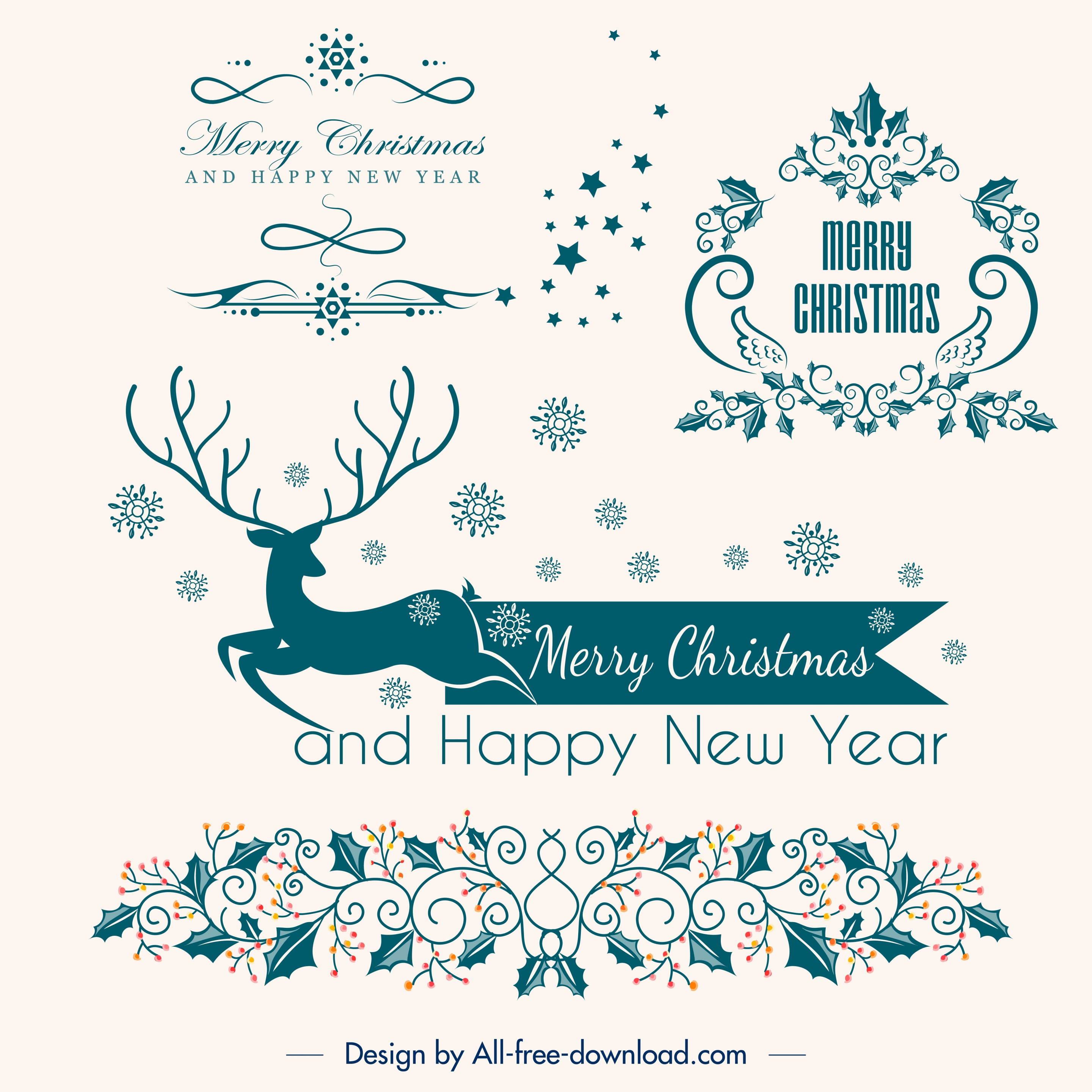 christmas design elements reindeer flowers icons classical decor