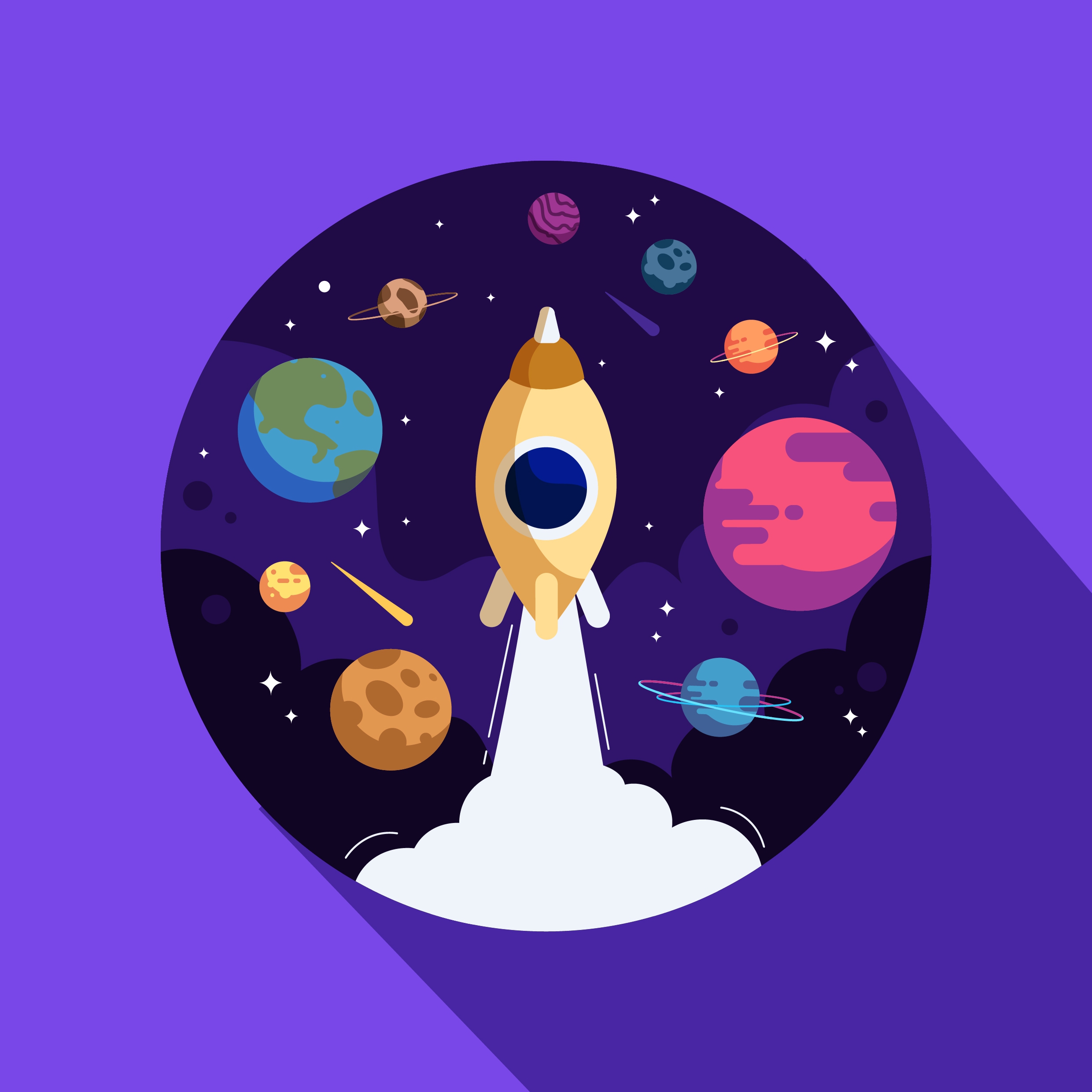 space exploration background rocket planets icons circle layout