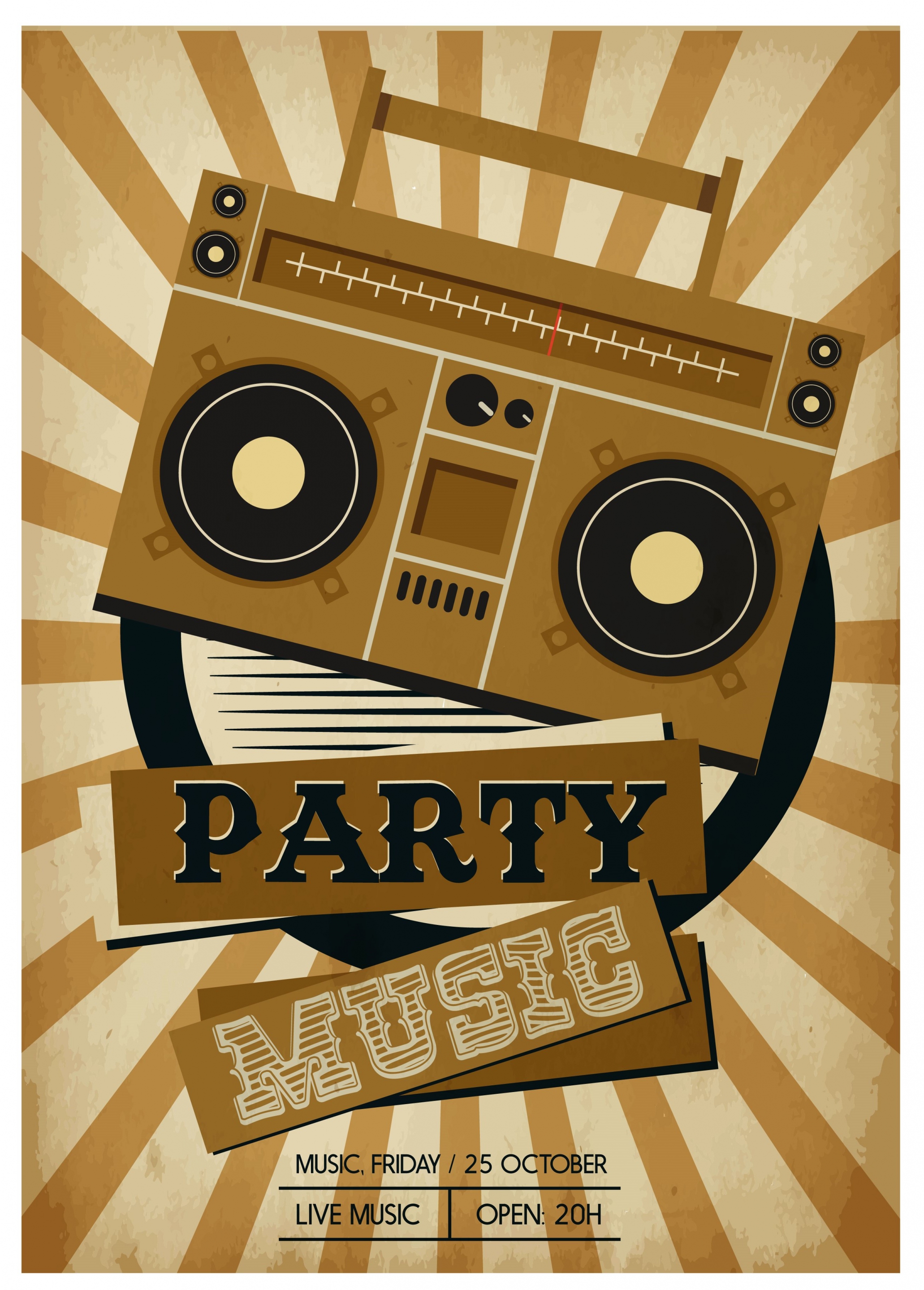 music party banner retro radio icon rays decor