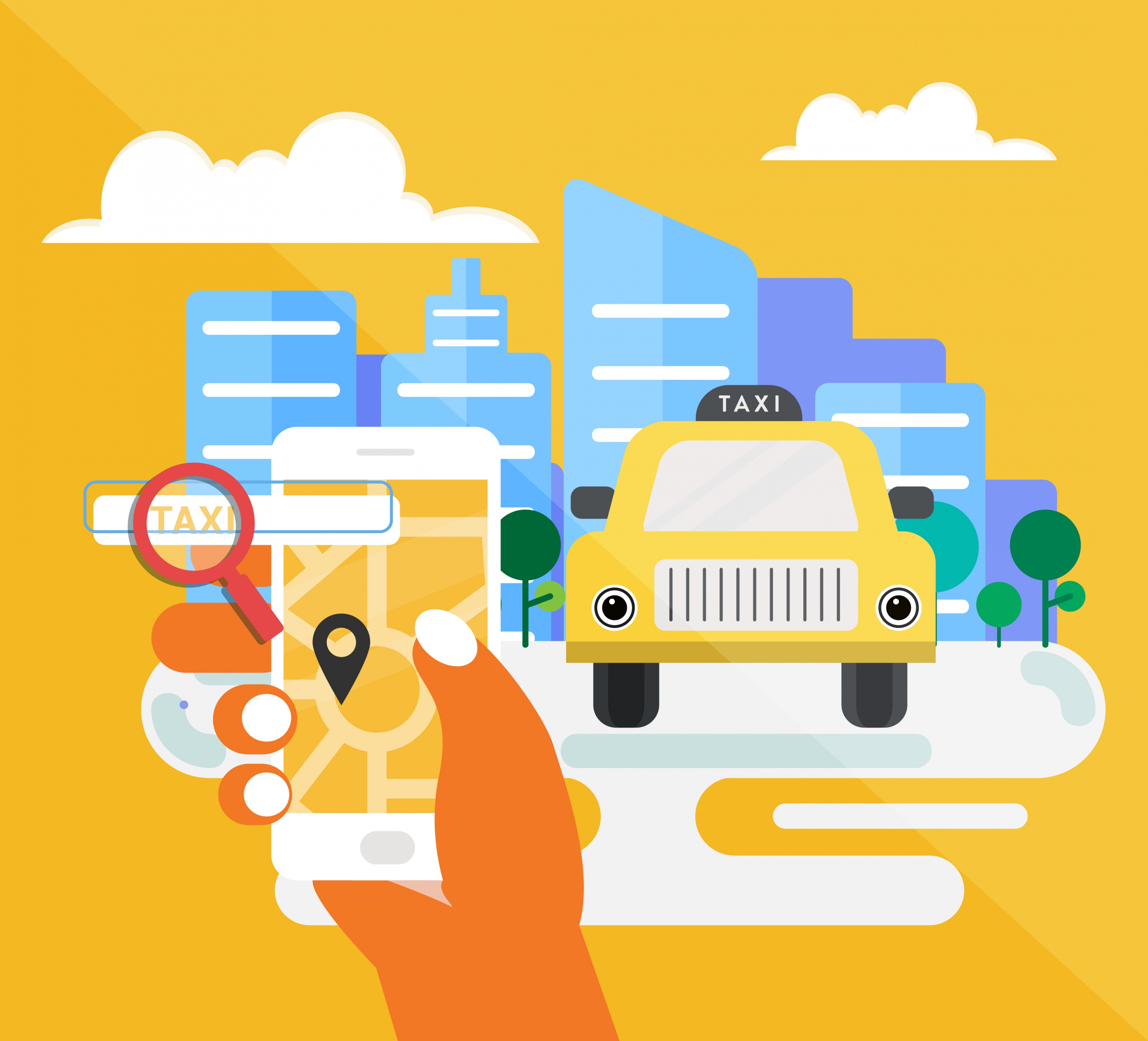 taxi application banner car smartphone icons