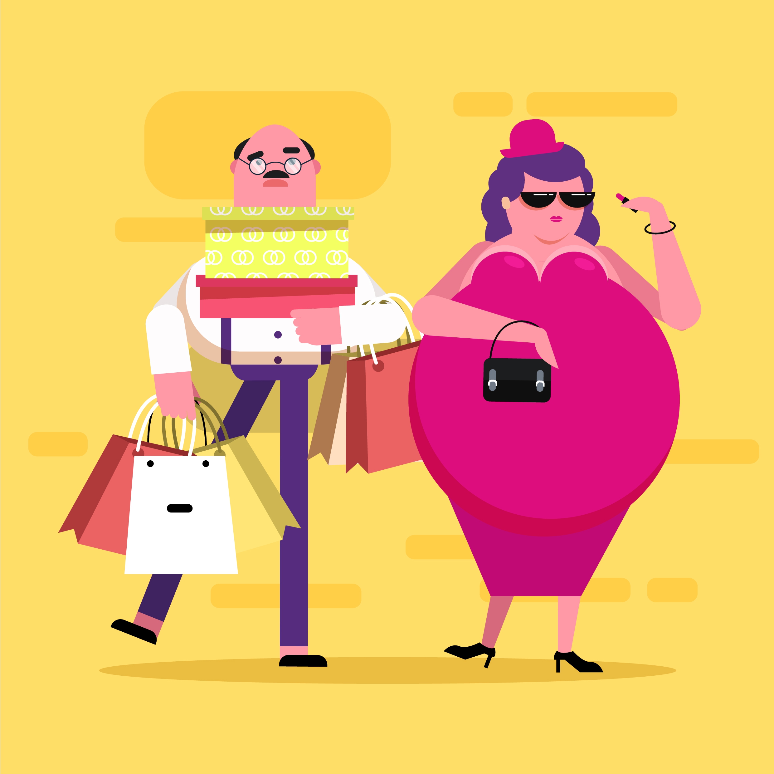 shopping background wife husband icons funny cartoon design