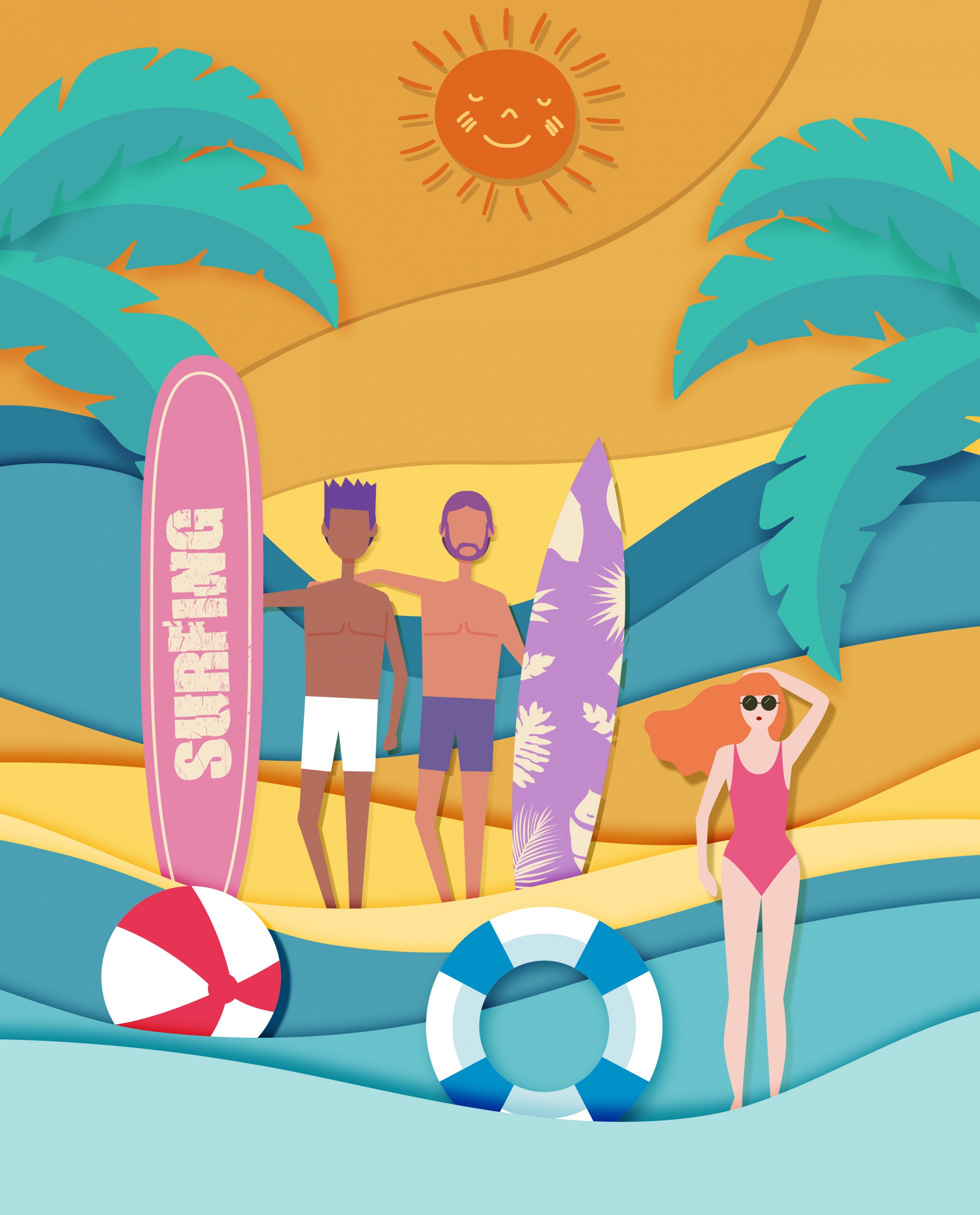 summer vacation background people surfboard beach icons