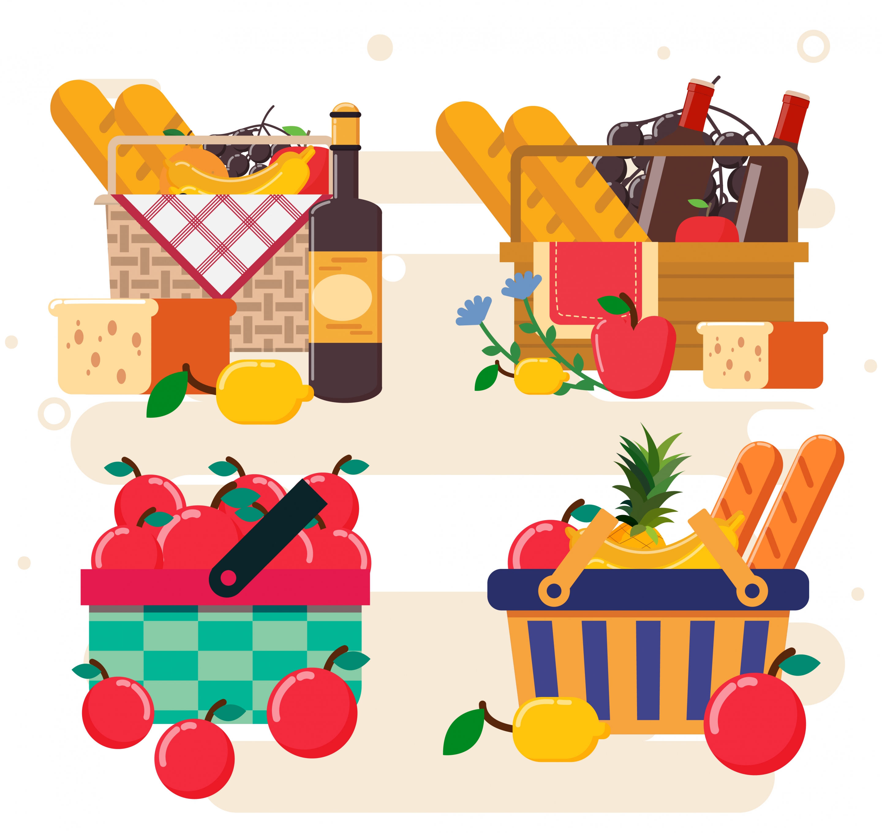 food baskets icons multicolored design