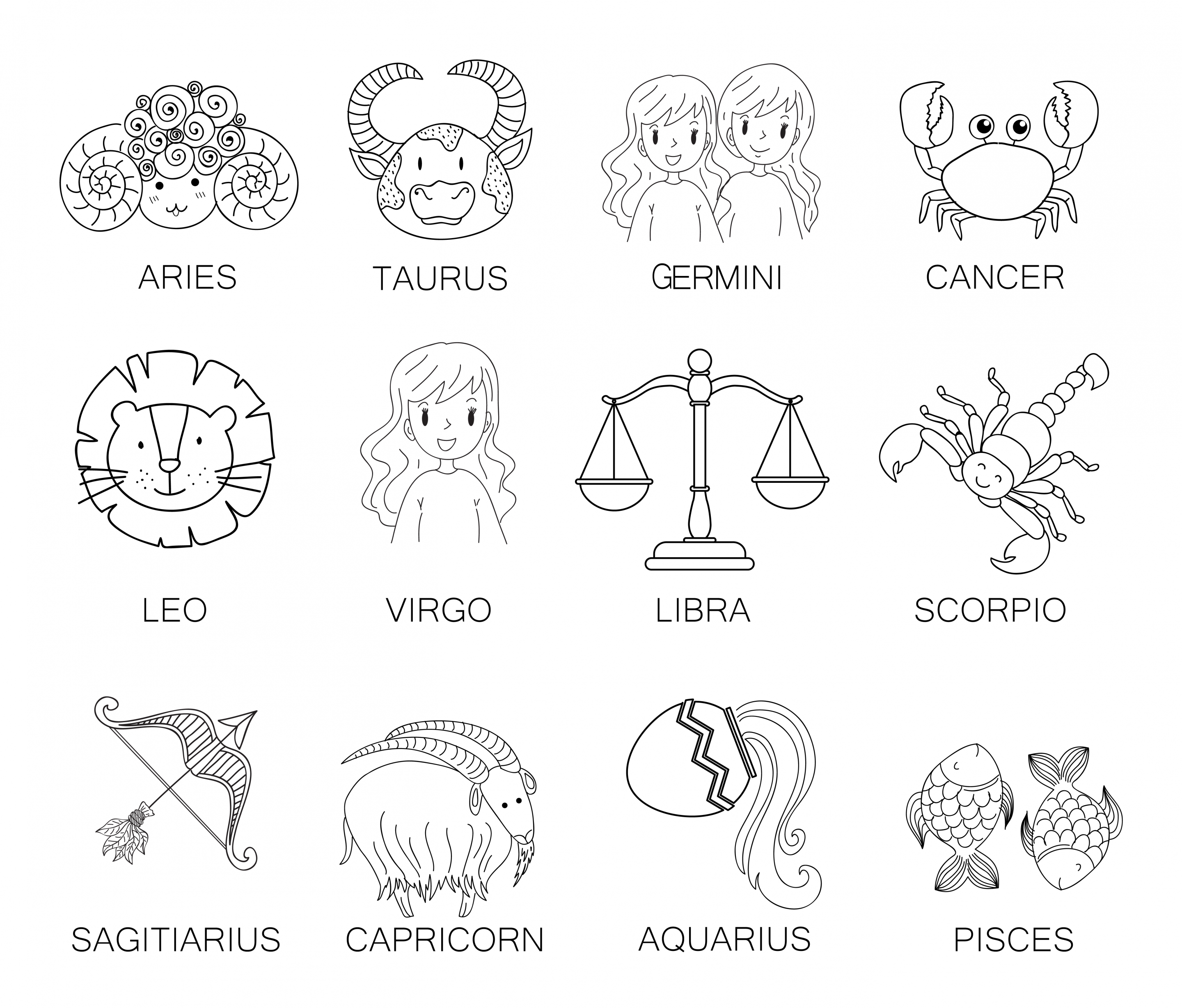 zodiac symbols collection black white icons sketch