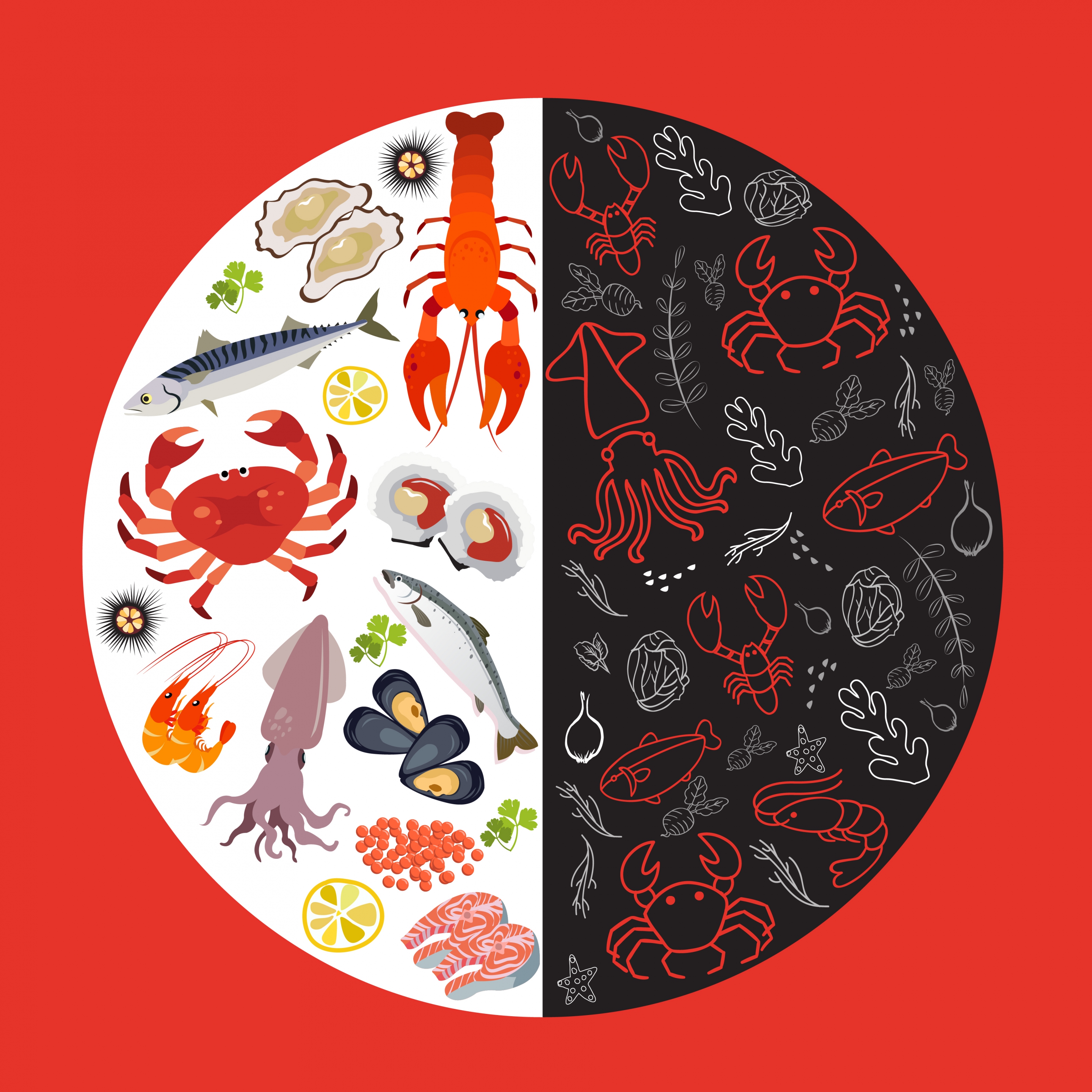 seafoods background multicolored circle layout