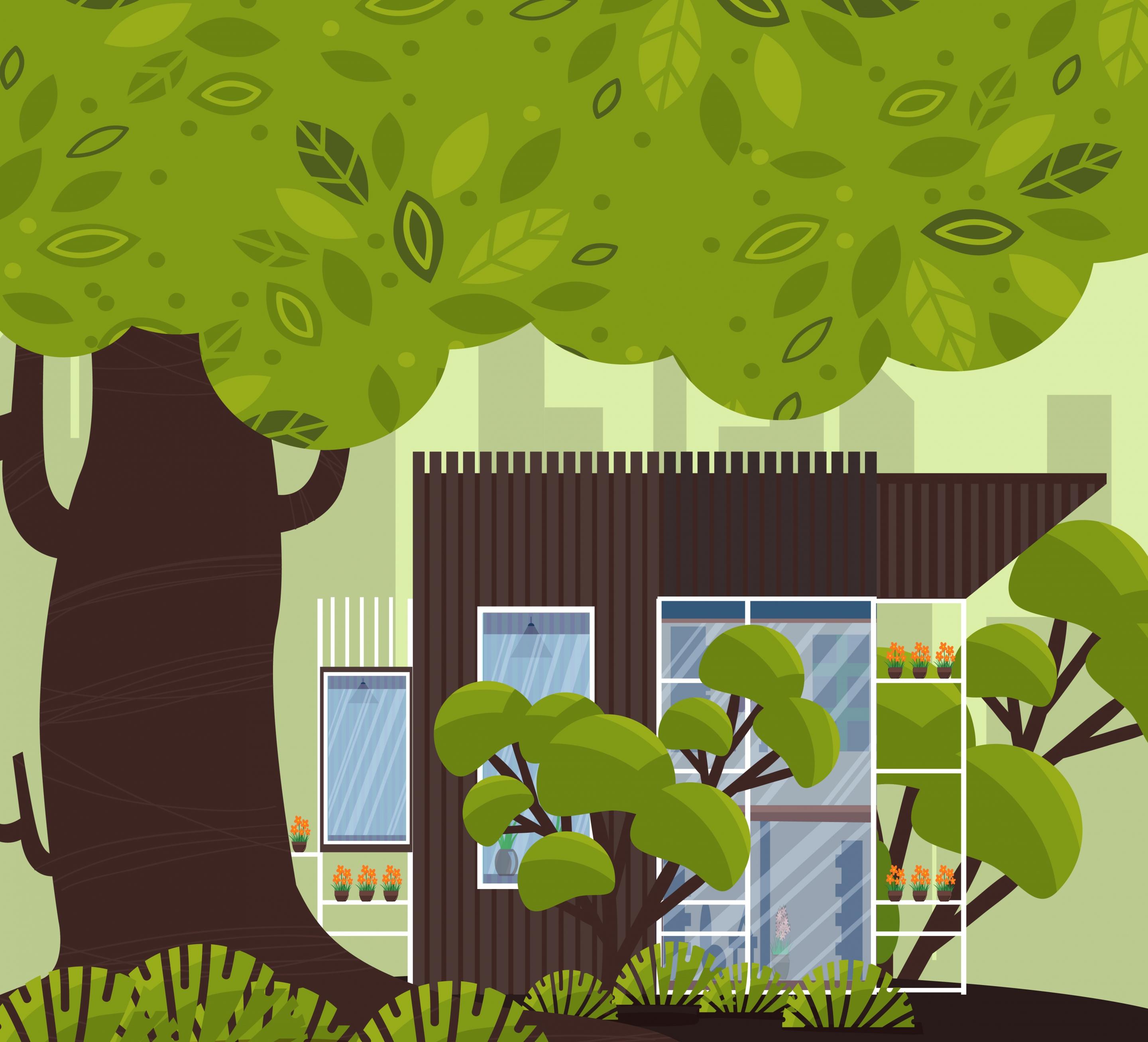 ecological home background green trees house icons decor