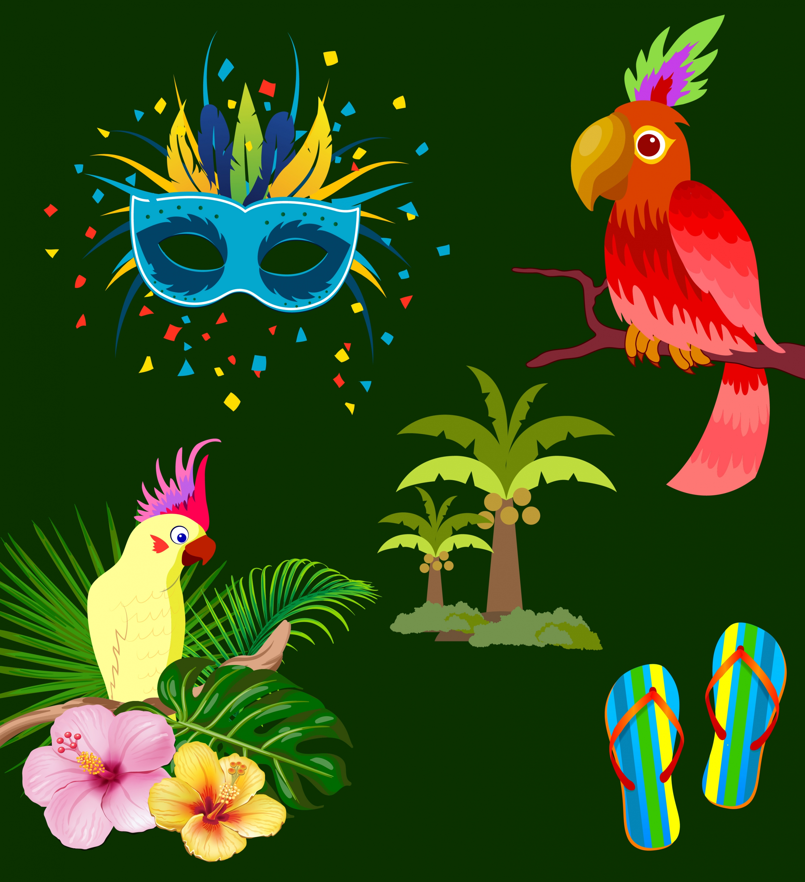 brazil design elements mask parrot coconut slippers icons