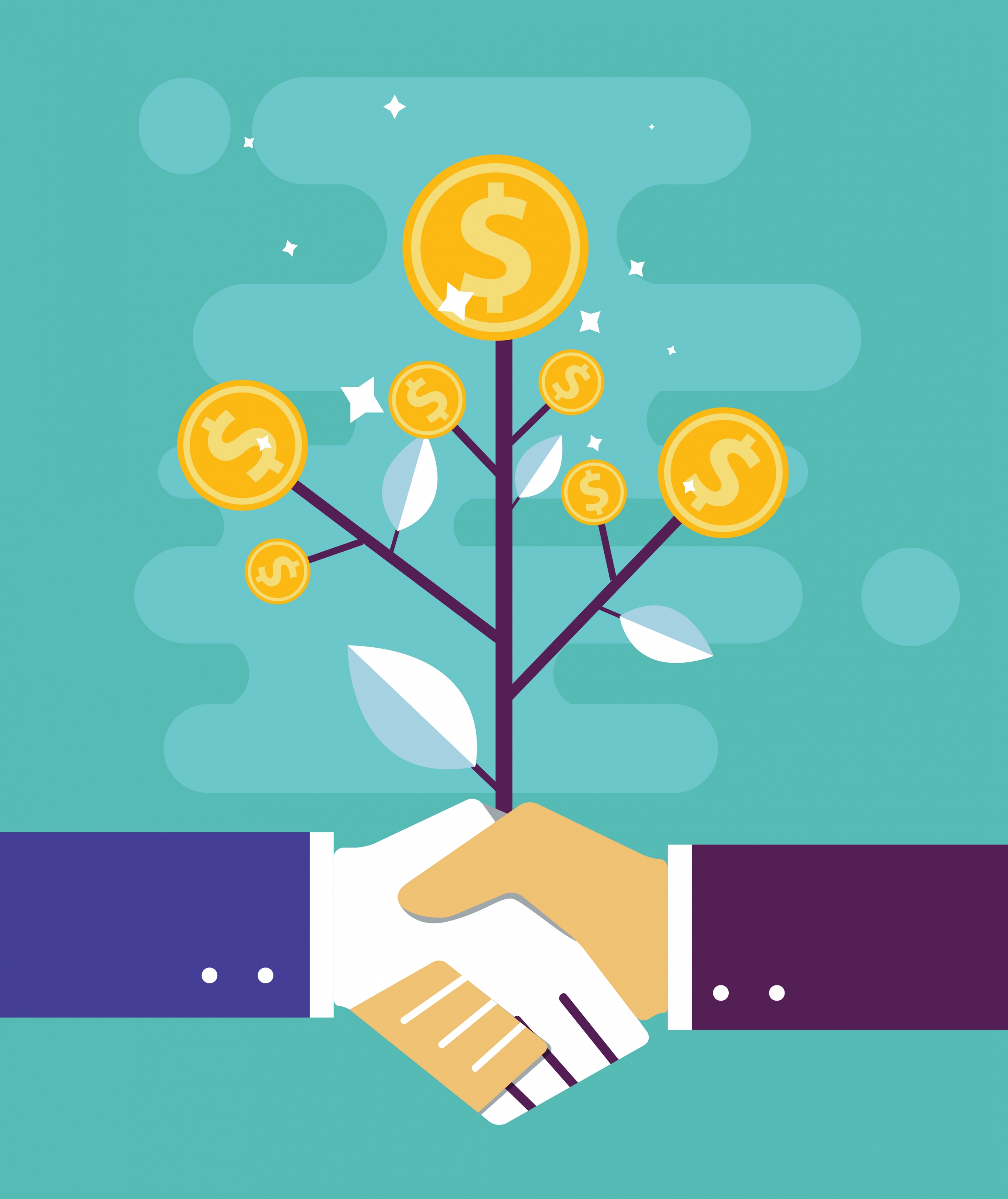 business cooperation concept background coins tree handshake icons