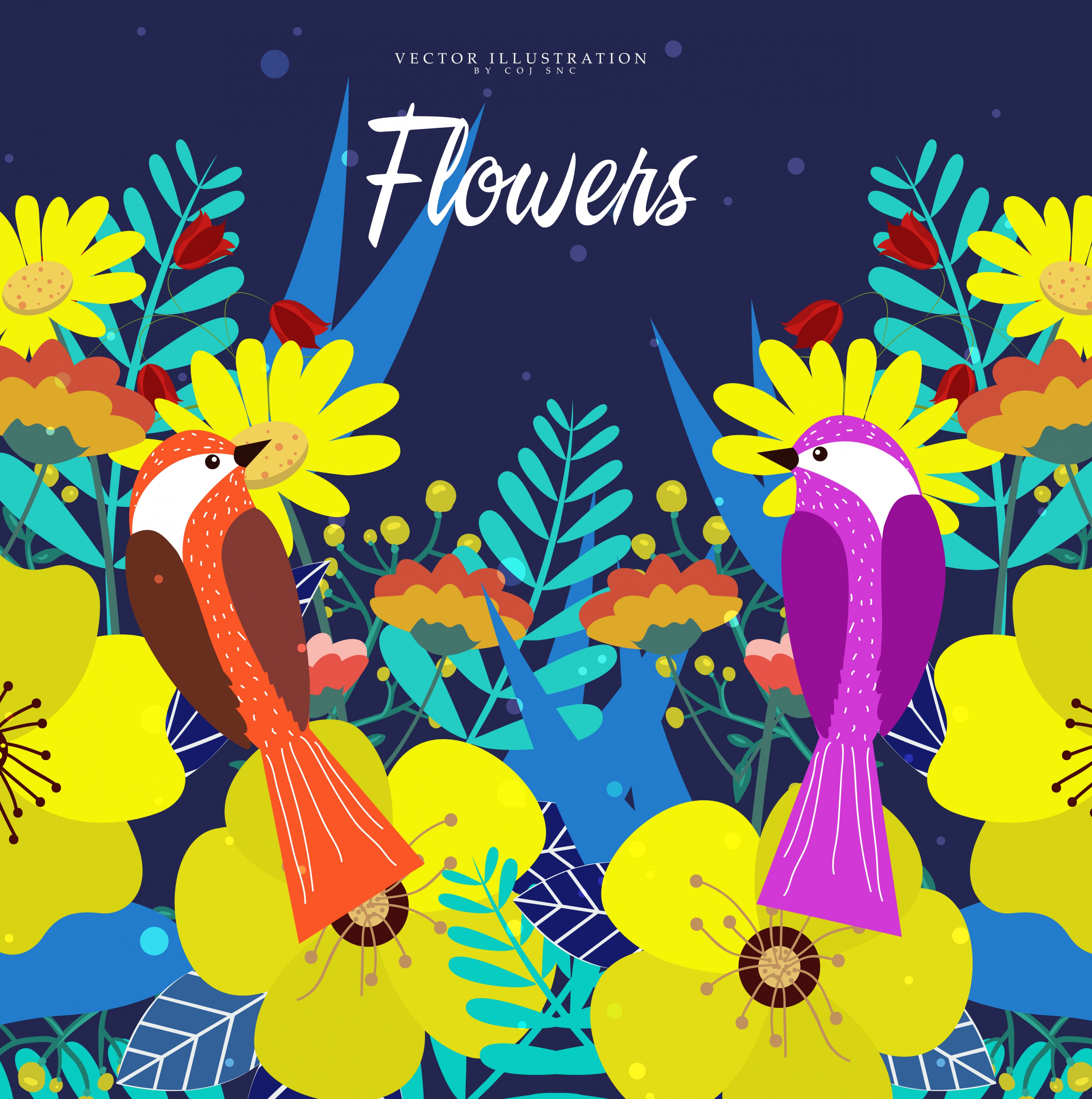 wild nature background blooming flowers birds icons