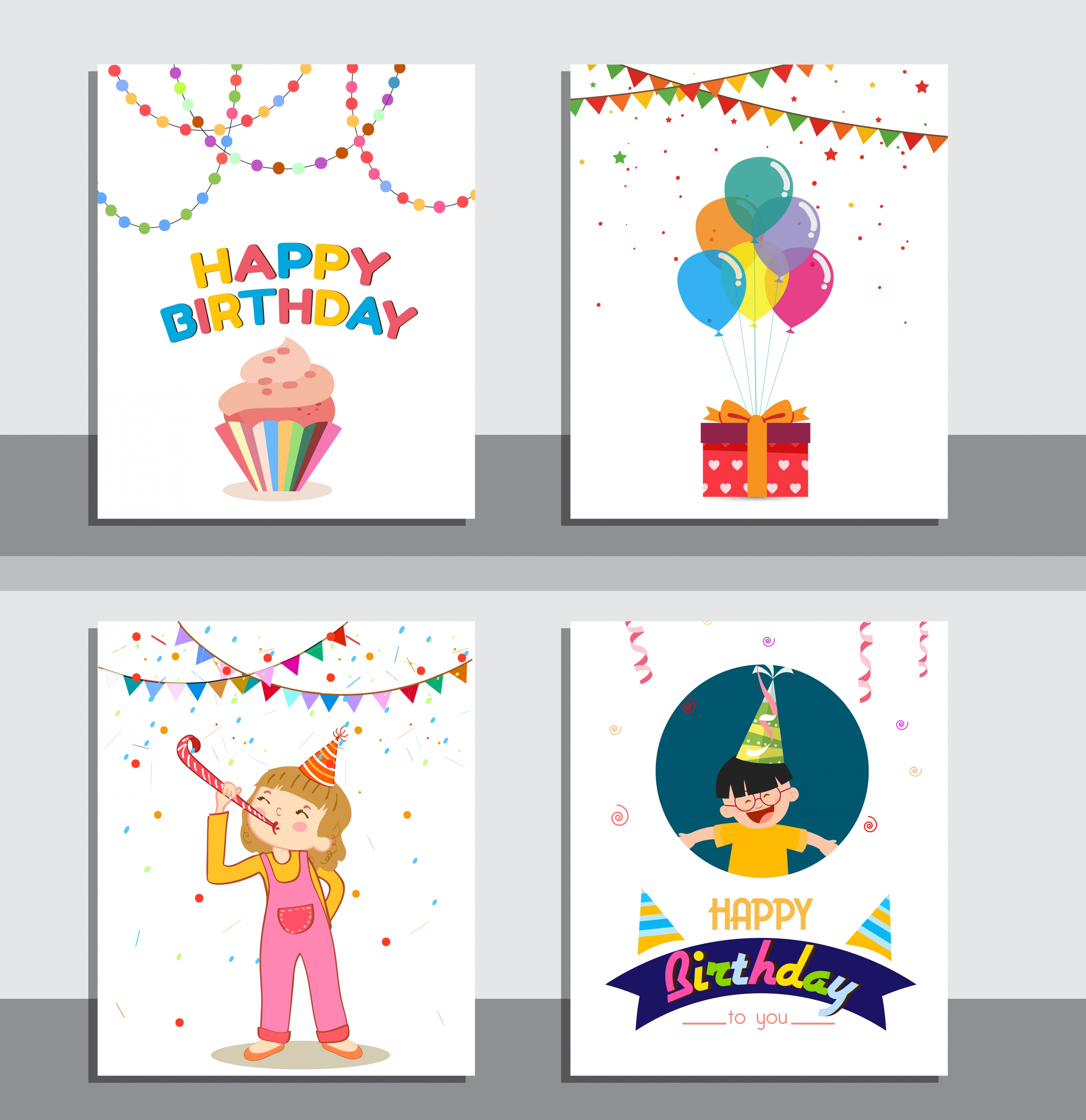 birthday background sets ribbon cake confettie kids icons