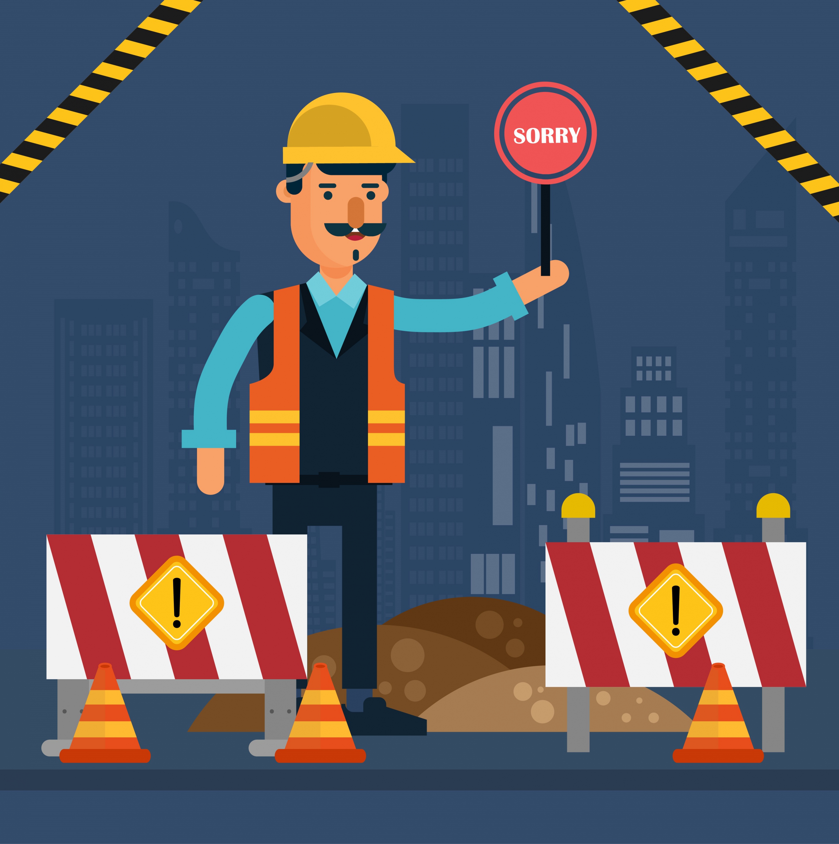 road construction drawing engineer signboard icons cartoon design