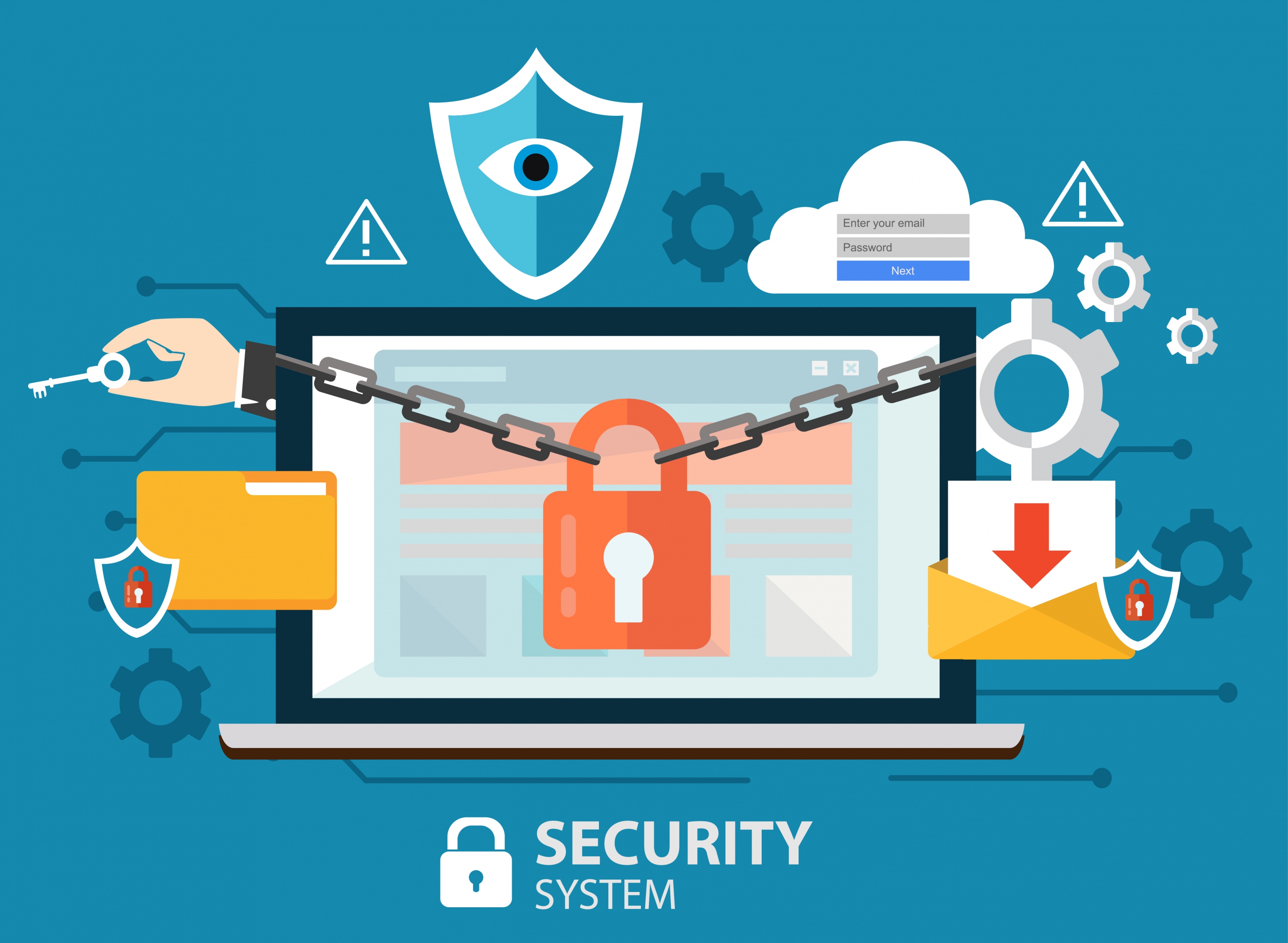 internet security concept banner laptop chain lock icons